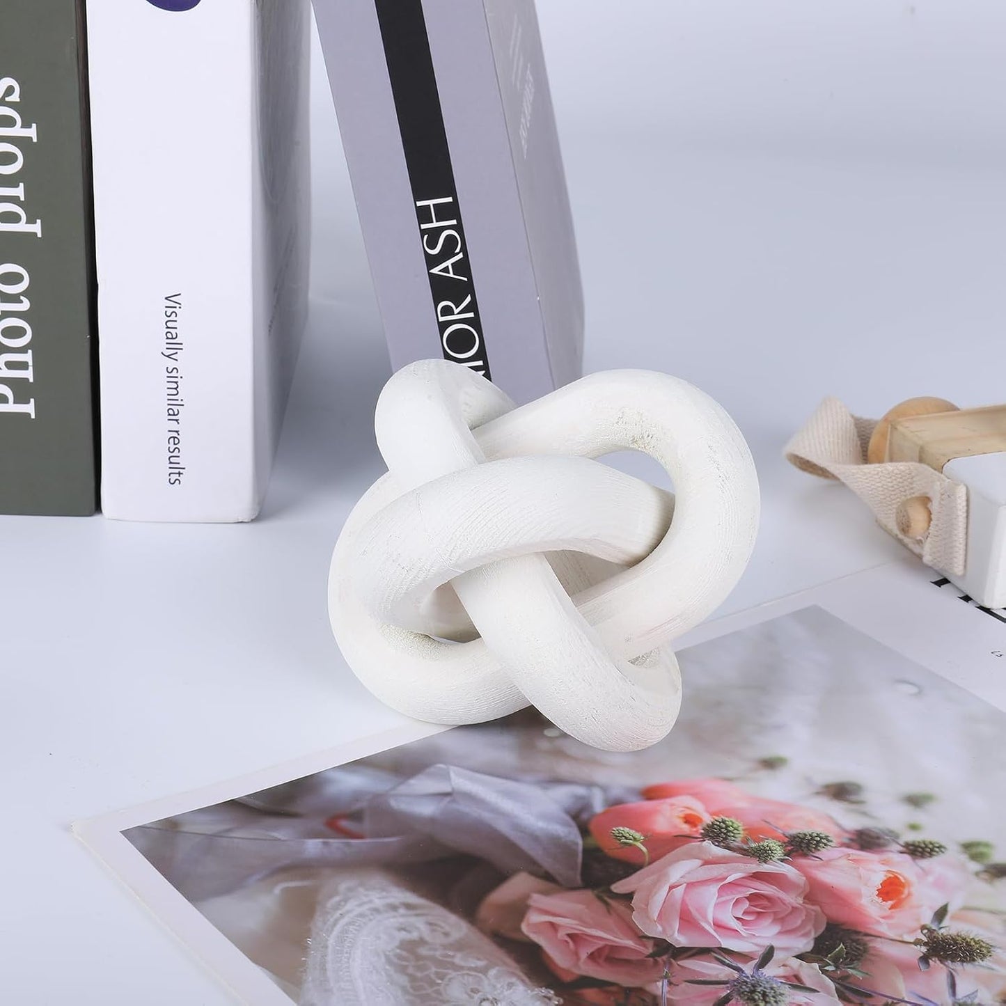 Wood Knot Decor Hand Carved Modern Boho Decorative Wood Knot Small 3-Link Decorative Wood / White