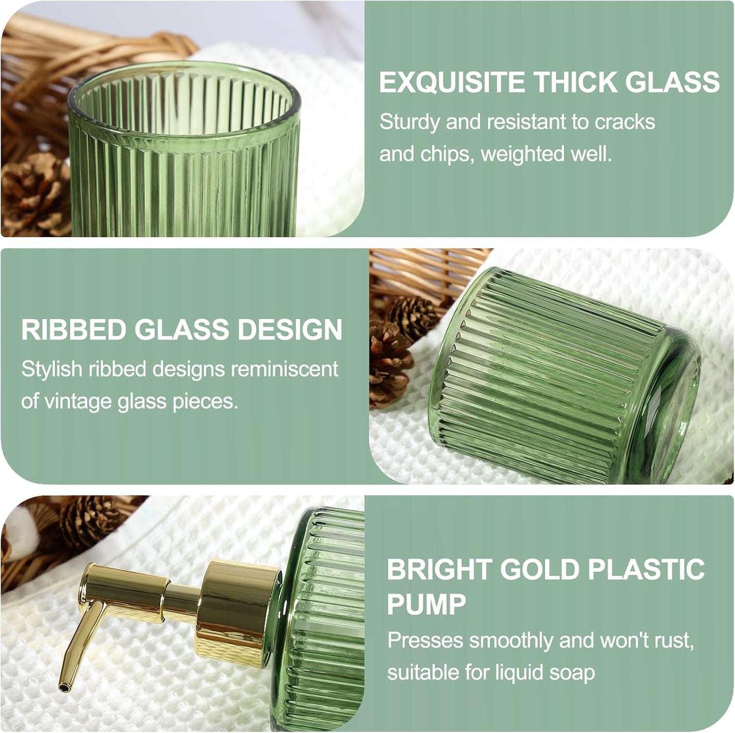 Green Glass Bathroom Accessories 4 Pcs, Green Bathroom Set, Soap Dispenser and Toothbrush Holder Set, Qtip Holder Set