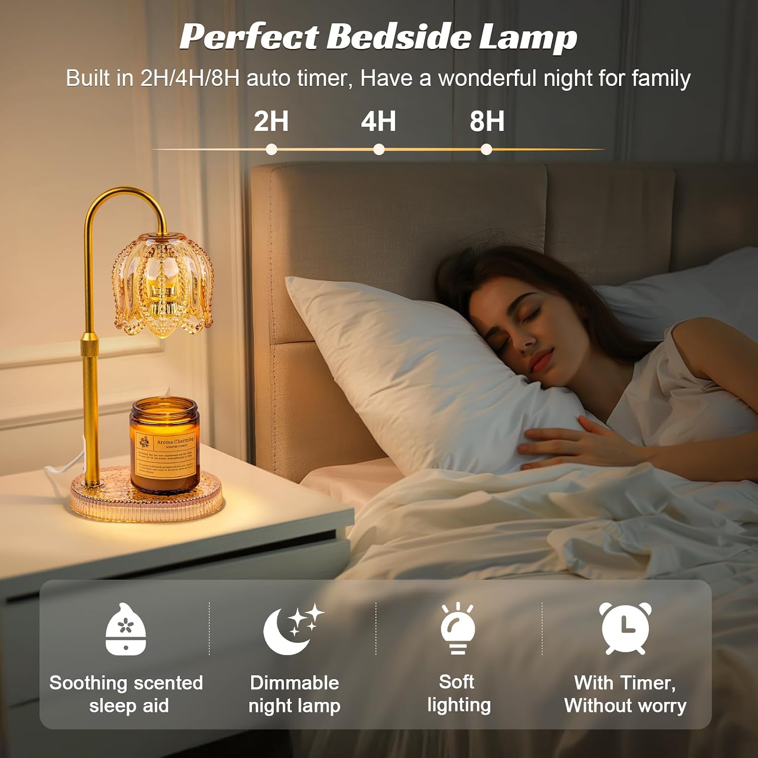 Petal Candle Warmer Lamp with Timer & Dimmable Light Champagne Gold | Adjustable Height Jar Melter on Crystal Glass
