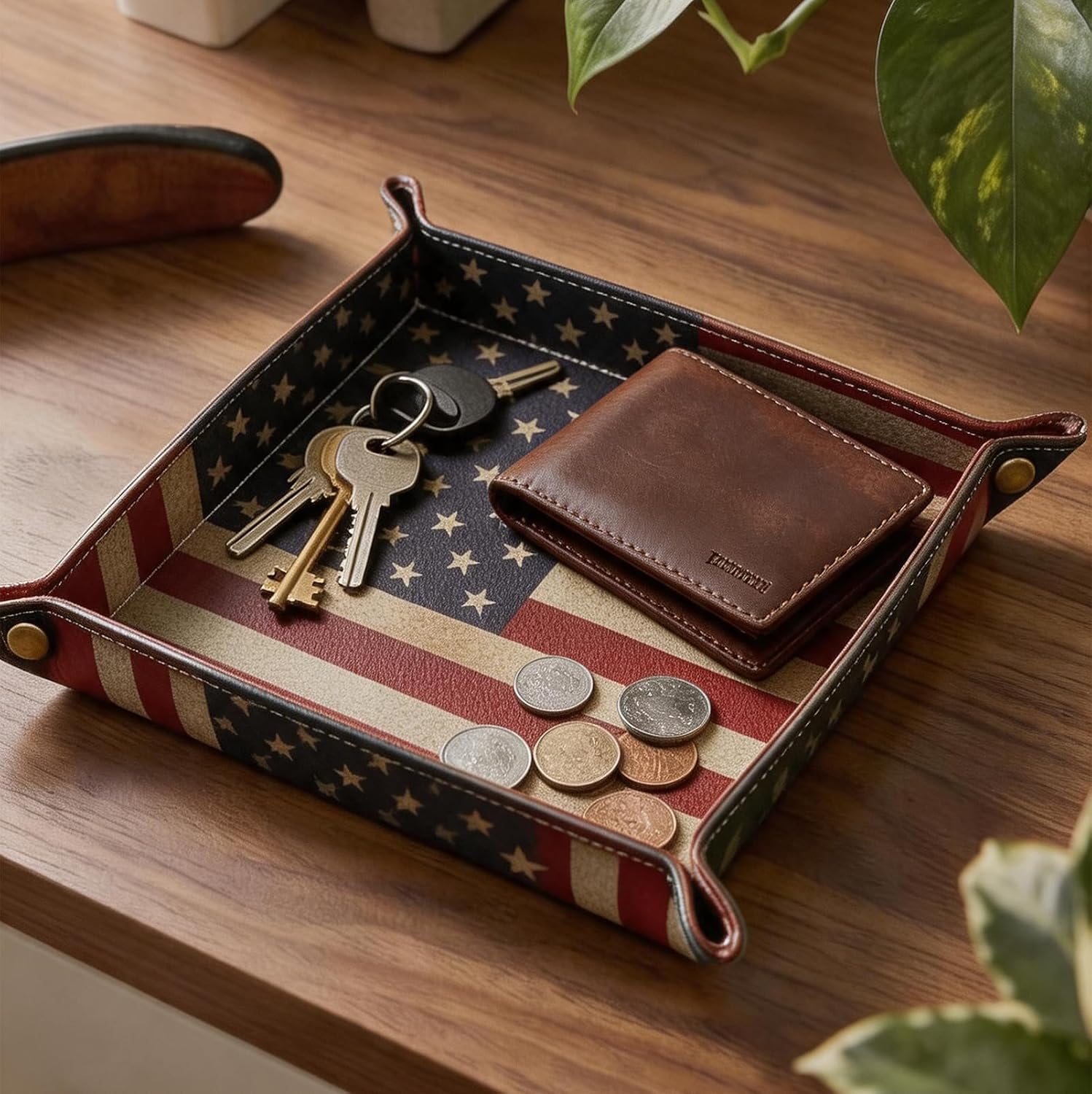 Vegan Leather Catchall Bedside Vanity Tray Nightstand Caddy Holder for Remote / Flag Design