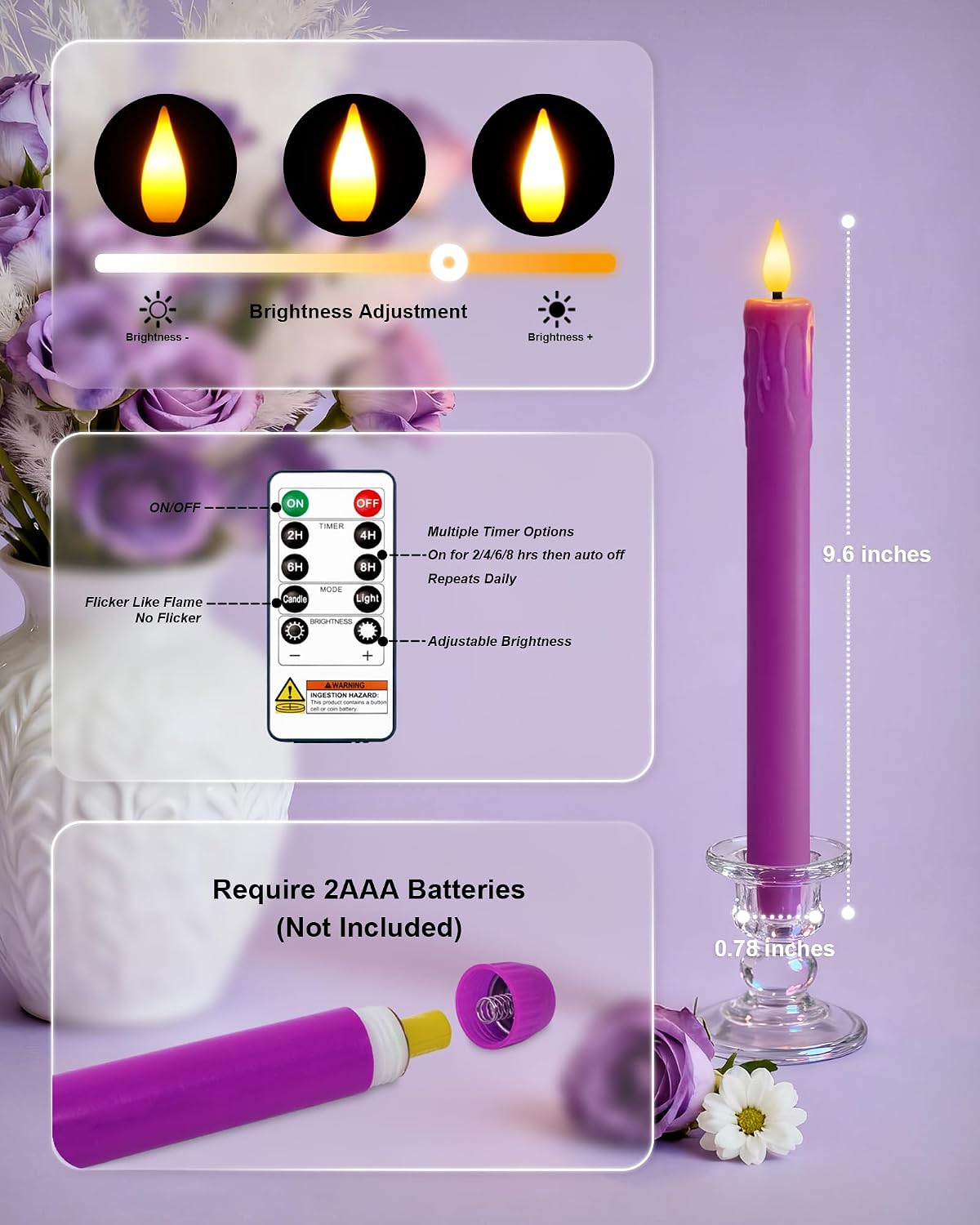 Homemory 6 Pcs Real Wax Purple Flameless Taper Candles with Remote Timer, 9.6 Inches LED Fake Candlesticks, LED Candle