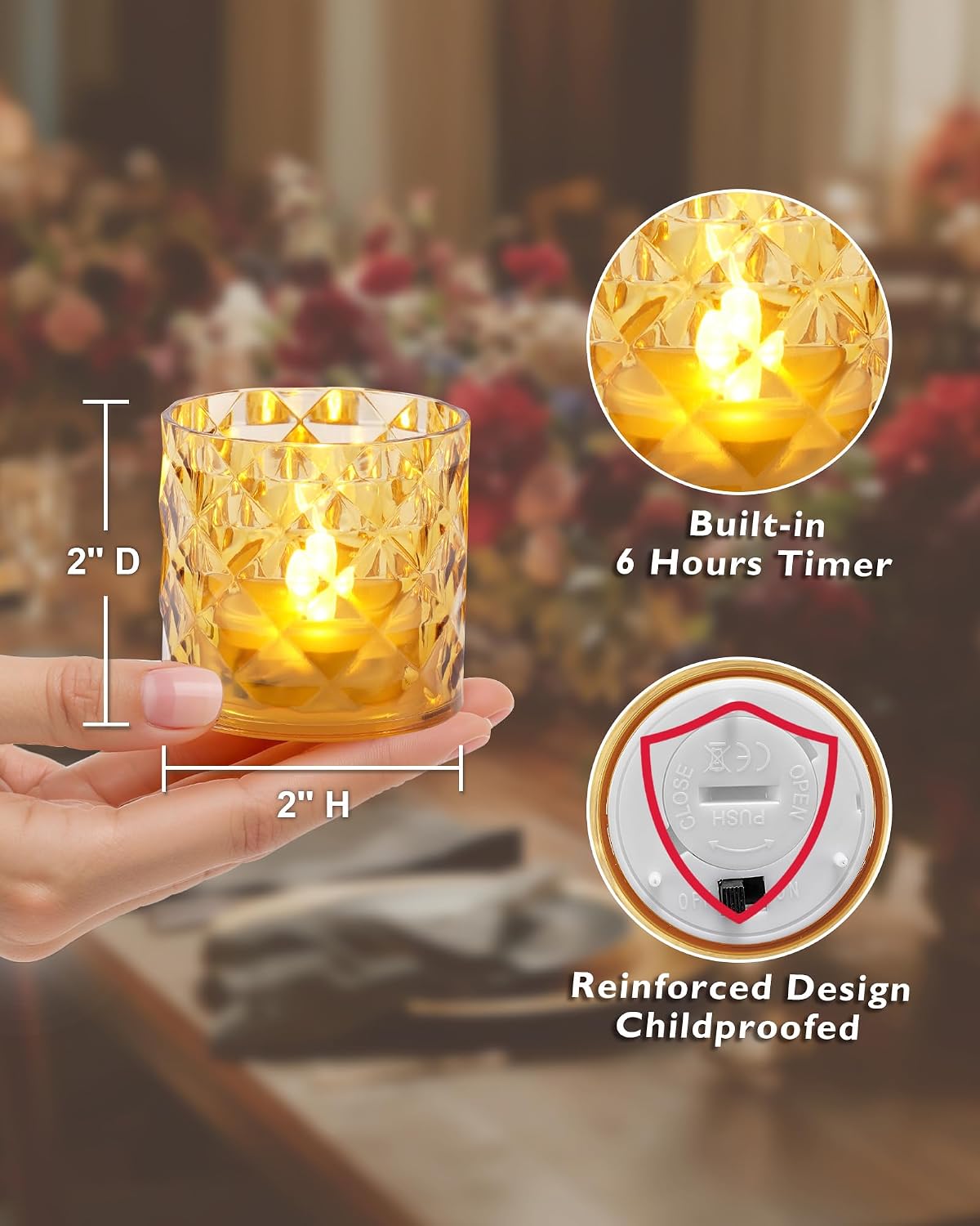 Homemory 2" Gold Acrylic Votive Candle & Holders with Auto Timer, 12 Pack | 6h auto timer, flicker Warm White glow