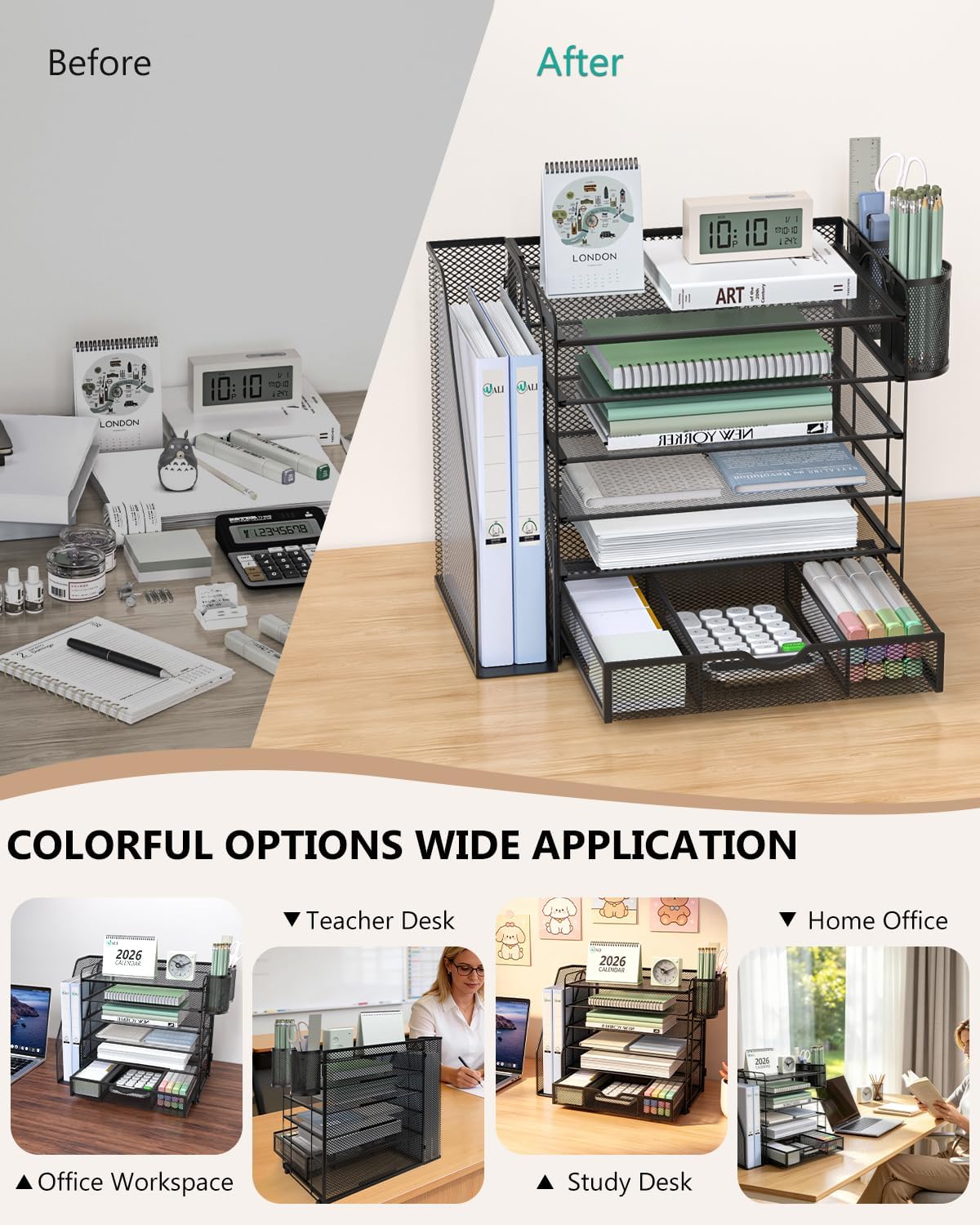 WALI Desk File Organizer, 6 Tier Desktop Paper Letter Tray Organizer with Drawer and 2 Pen Holders, Office Desk