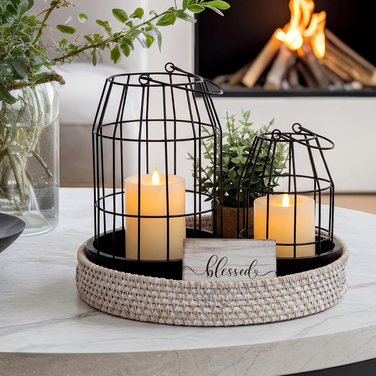 Mumufy 5 Pcs Candle Stands for Pillar Candles Metal,Large,Black, Brown | Decorative Lanterns Centerpieces with Tray for