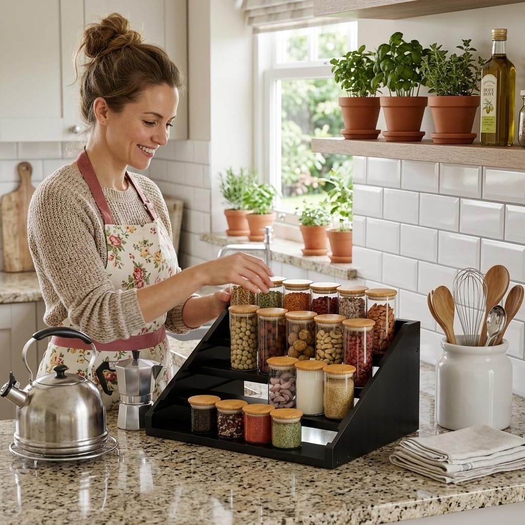 Solid Wood Spice Rack Organizer for Countertop & Cabinet, 4 Tier Adjustable Wooden Spice Shelf with Sliding Track
