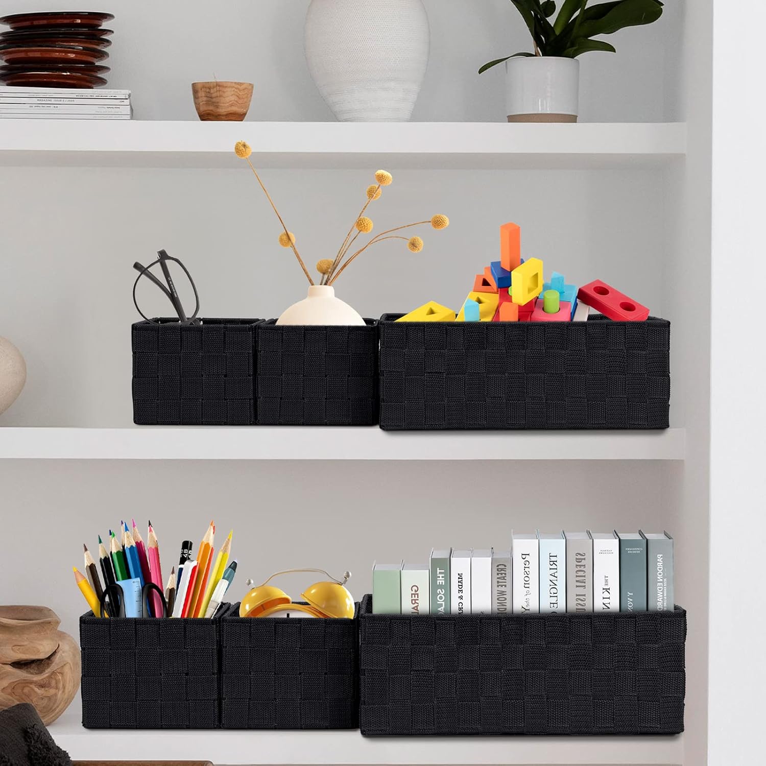 Woven Storage Baskets for Organizing / Black / Set of 6