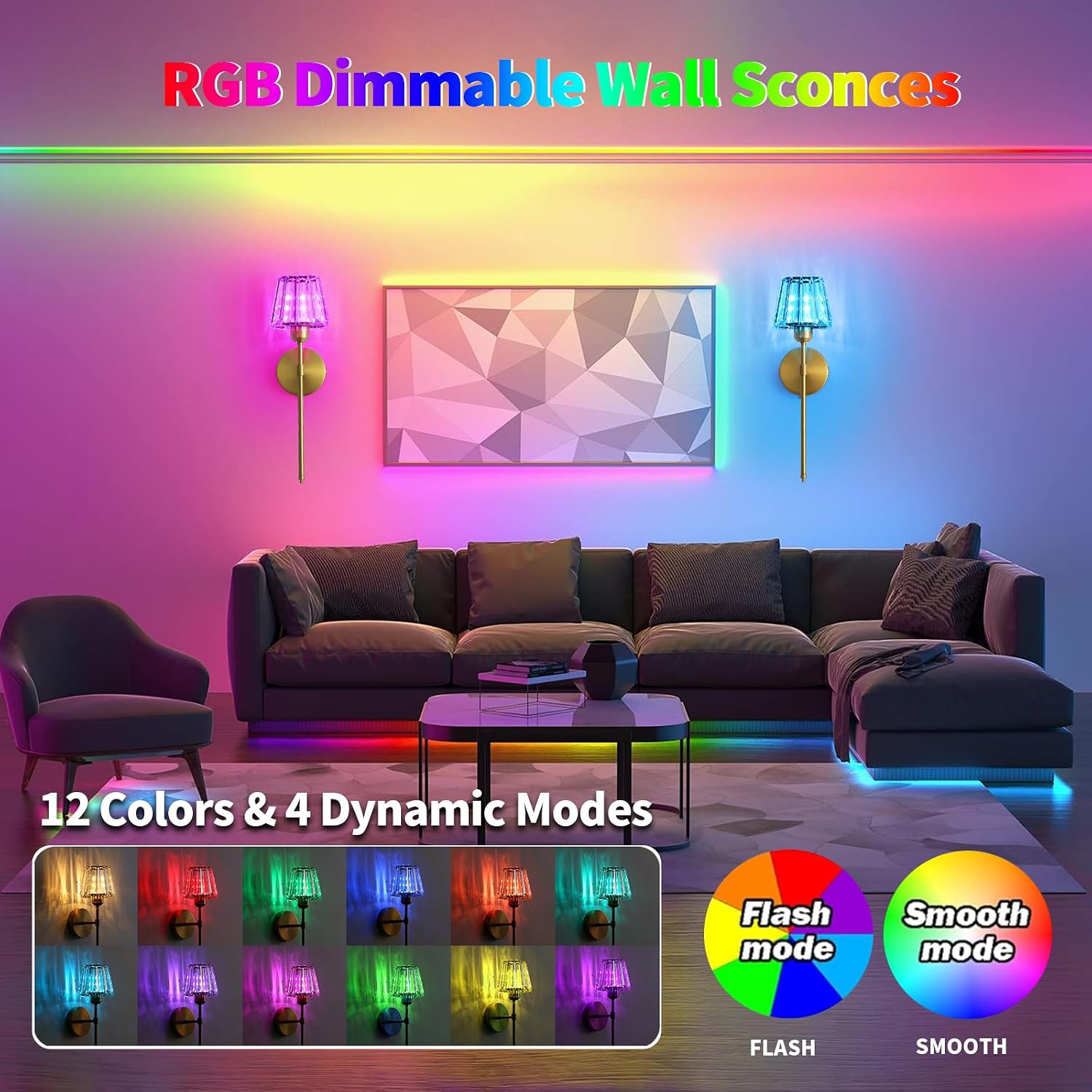 Battery Operated Crystal Wall Sconce Set of 2, Gold Rechargeable Wireless Wall Sconces with Remote Dimmable 12 Colors