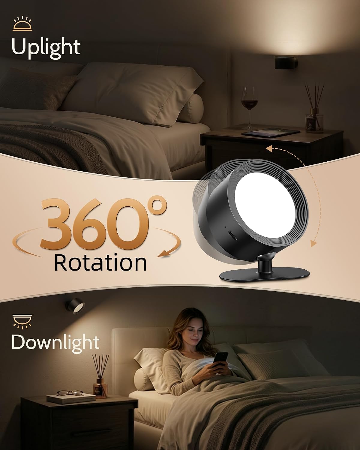 LED Wall Mounted Lights, Rechargeable Wall Sconces, 3 Color Temps, Remote & Touch, 360° Rotating and Dimmable for