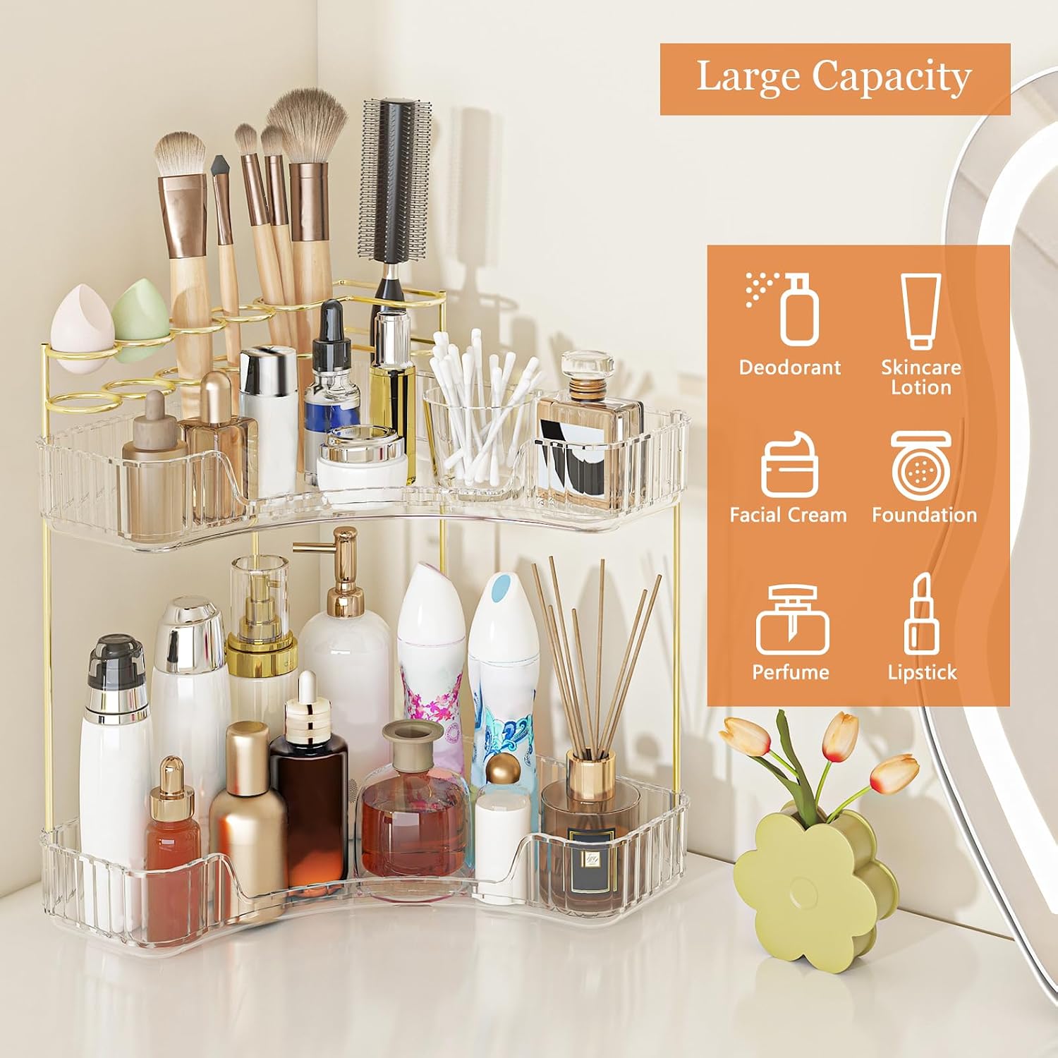 Webetop Corner Makeup Organizer 2 Tier Bathroom Storage with Brush Holder | Space-saving Corner Fit, Clear Acrylic