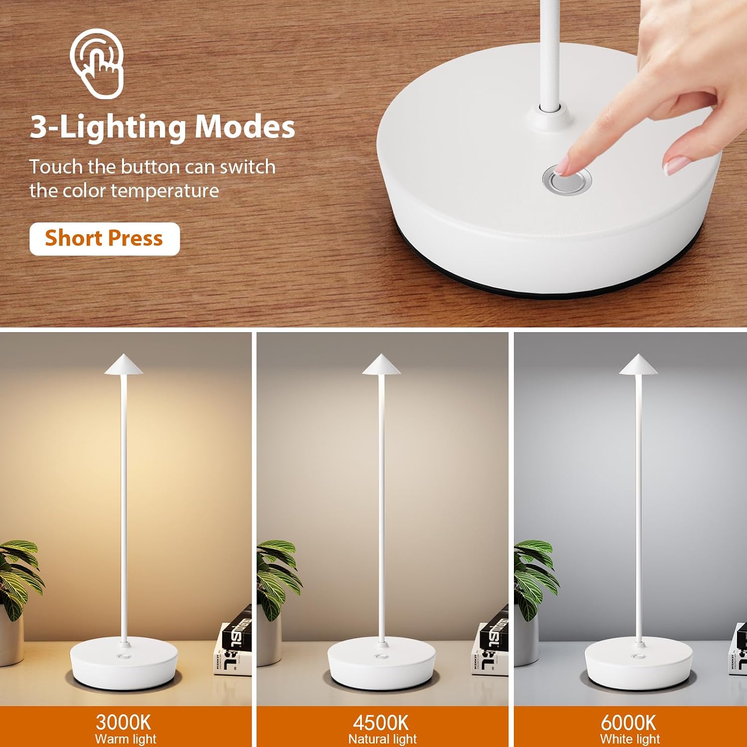 2Pack Rechargeable Cordless Table Lamp, Portable Powered LED Battery 6000mAh Metal USB Desk Lamp, 3 Levels Brightness