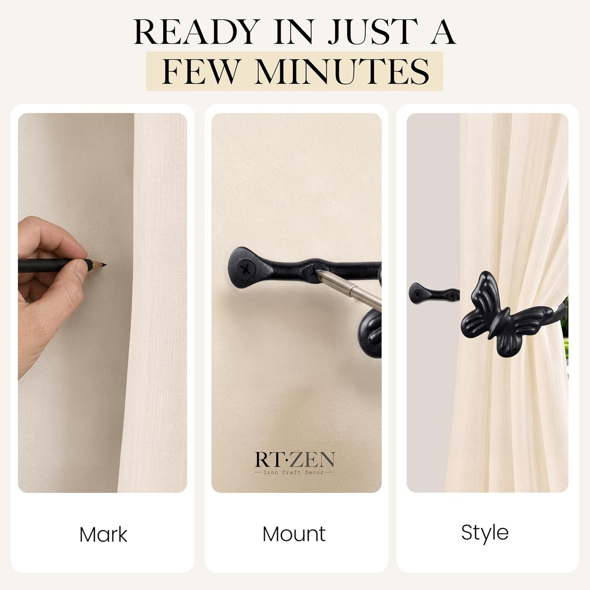 Metal Curtain Tiebacks, Drapery Holders for Wall, 2 Pcs | Farmhouse Wrought Iron Curtain Holdbacks, Ornamental Window