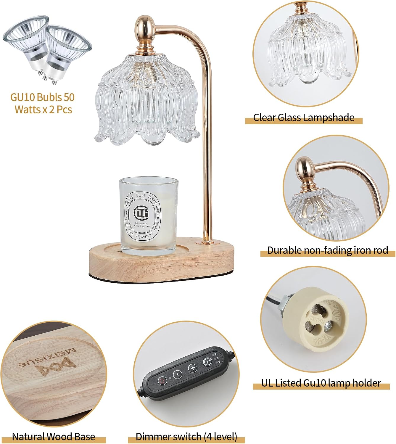 Candle Warmer Lamp with Timer and Dimmer,Electric Gold Light Gifts for Women Melt Wax Warmer Lamp with 2 Bulbs for