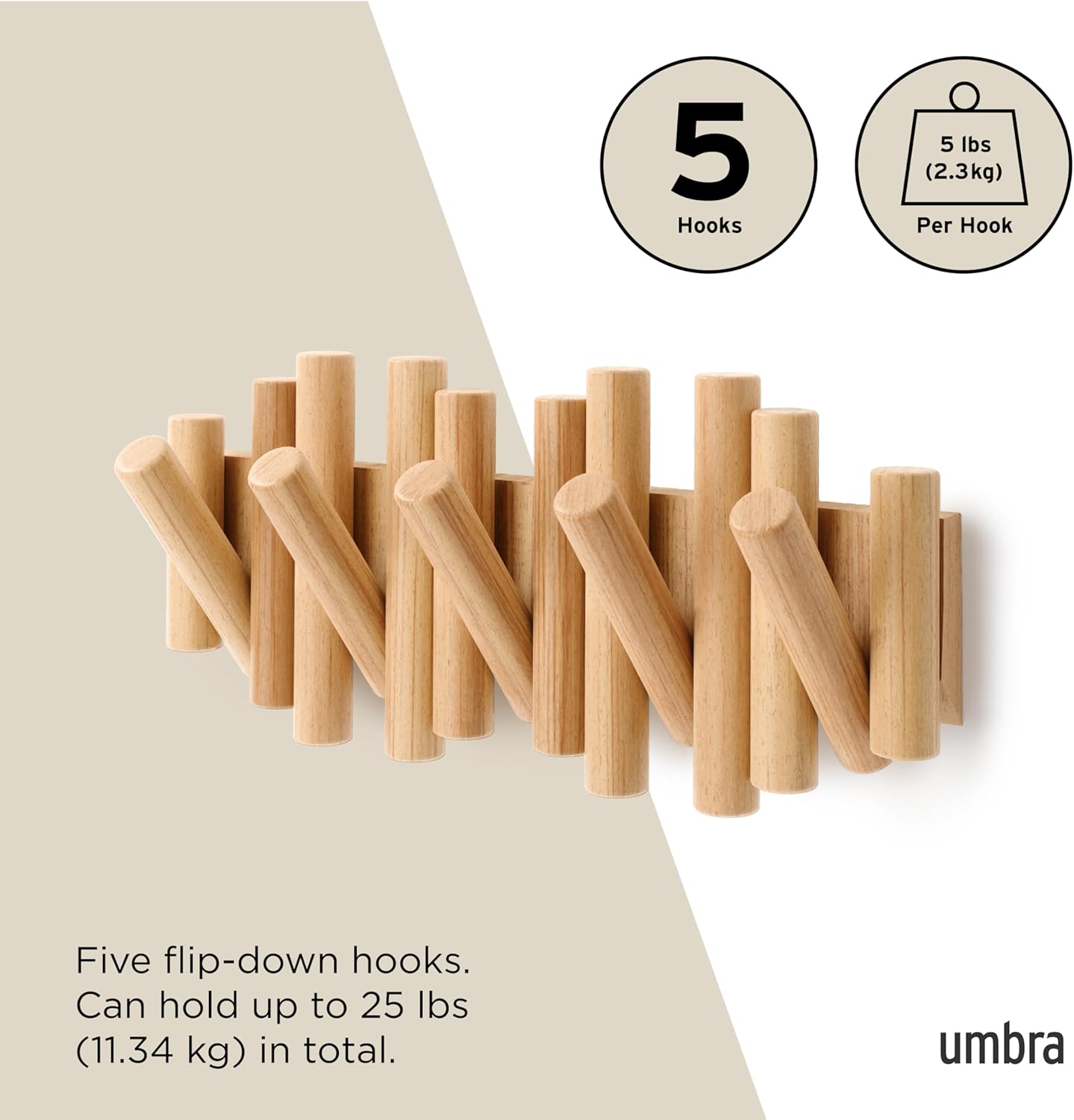 5 Flip-Down Wood Coat Hooks / Natural / 5-hook