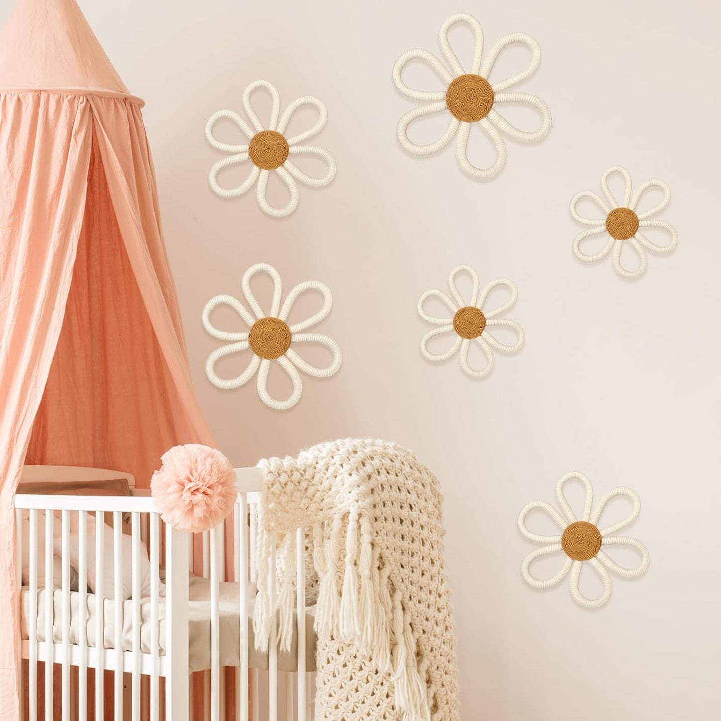Boho Nursery Decor Daisy Flower Woven / White / 6.69/7.87/9.84 Inch / Splendid Flower / Set of 6