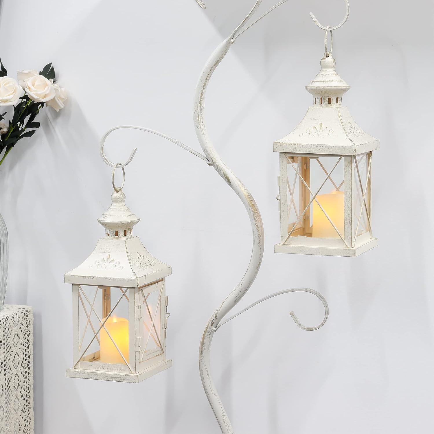 TRIROCKS Set of 2 Decorative Candle Lantern 11'' High Metal Candle Holder Hanging Lantern Perfect for Home Decor