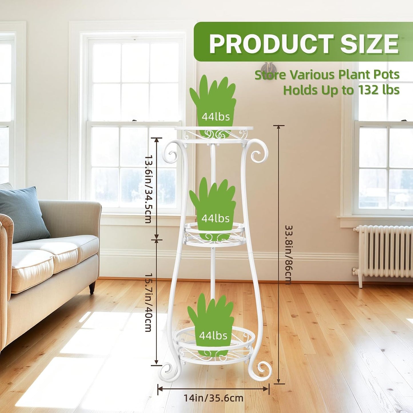 iDavosic.ly 3 Tier Tall Metal Plant Stand Outdoor Indoor, 34 Inch, White | Corner Flower Pot Holder Shelf, Wrought Iron