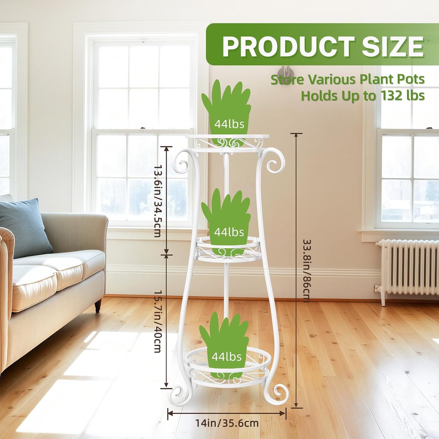 iDavosic.ly 3 Tier Tall Metal Plant Stand Outdoor Indoor, 34 Inch, White | Corner Flower Pot Holder Shelf, Wrought Iron