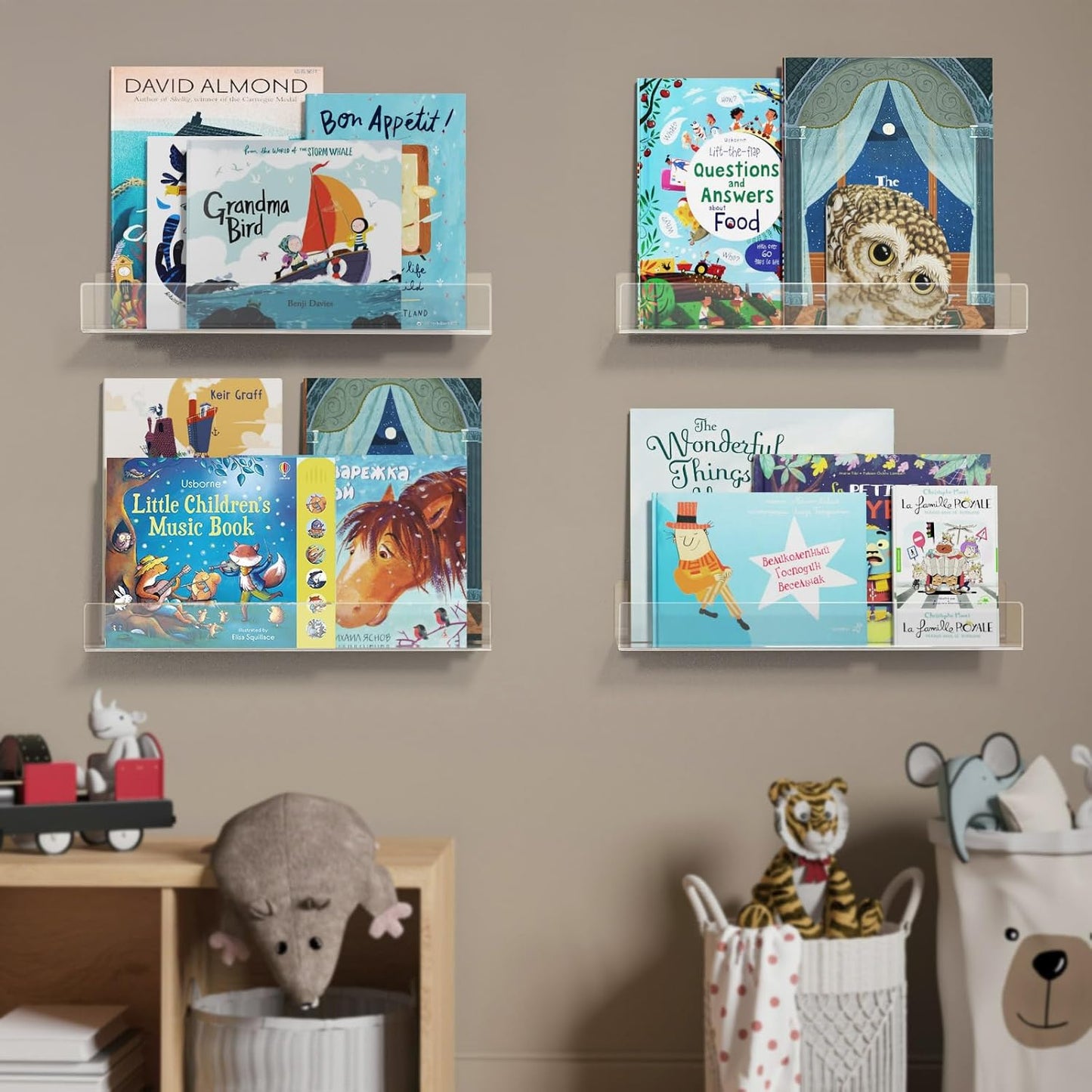 NIUBEE 16.5-Inch Acrylic Floating Bookshelves, 4-Pack, Clear Modern Wall Shelves for Child/Toddler， Invisible Ledge