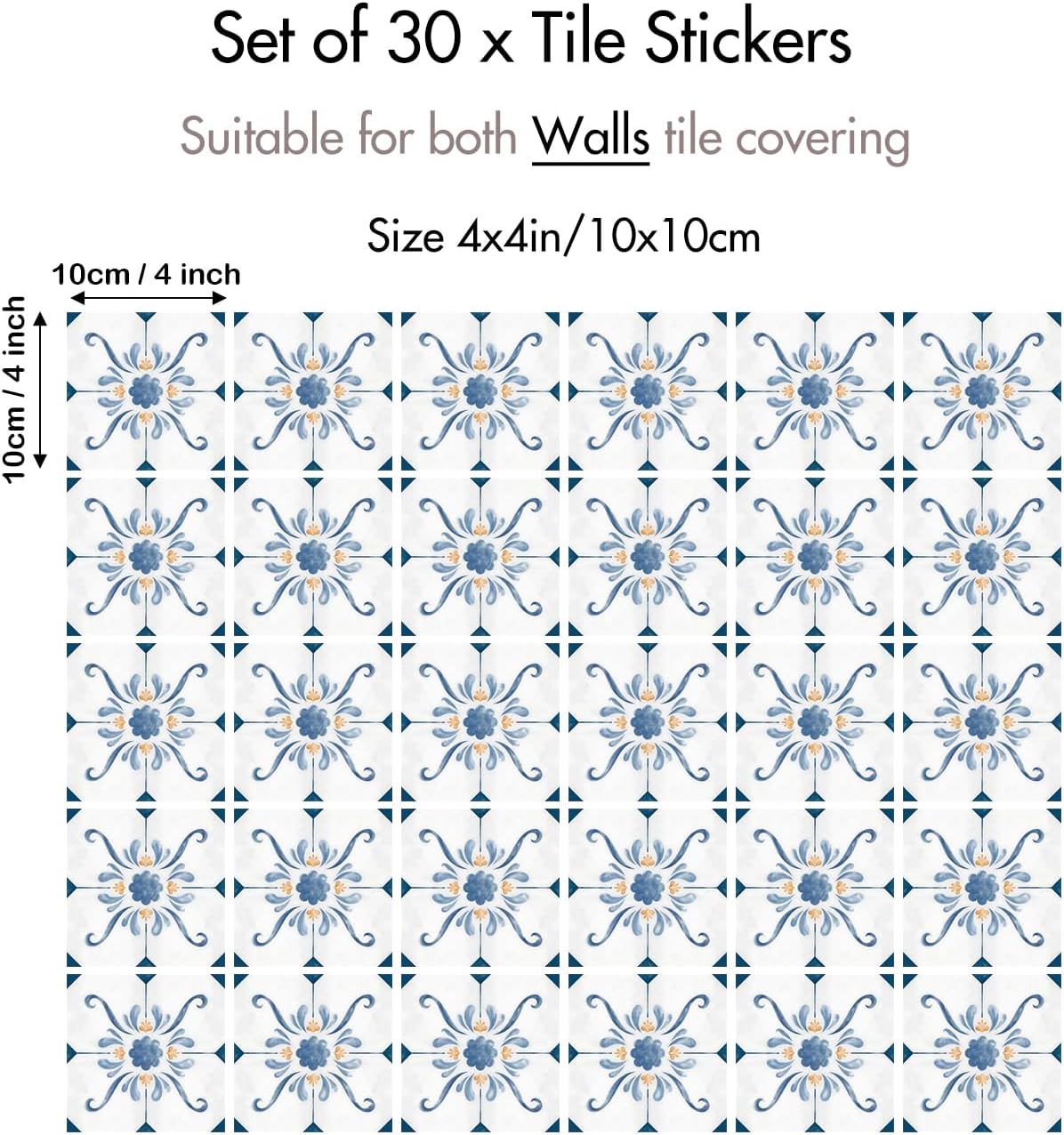 French Country Tile Stickers / Blue / 4 x 4 / Set of 30