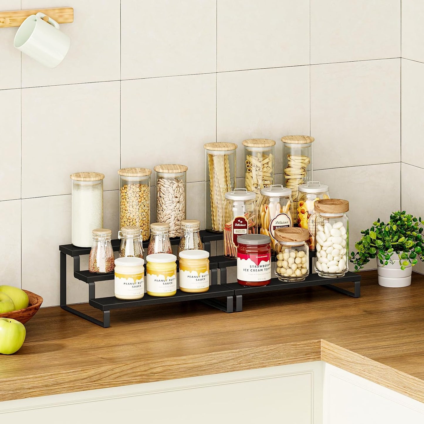 Giikin 3 Tier Spice Rack, Set of 2 Wooden Spice Rack for Countertop, Cabinet Organizer Shelf Kitchen Counter Storage