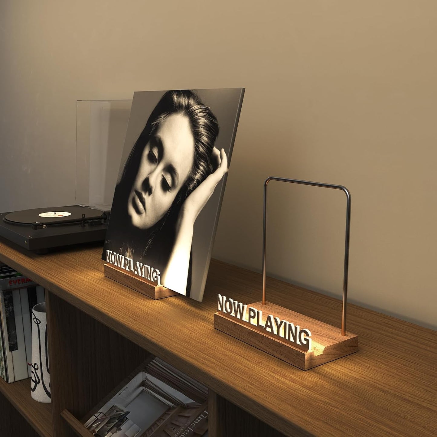Now Playing Vinyl Record Stand, Light Up Vinyl Record Display Stand, Holder for Album Display Storage, Warm White Light