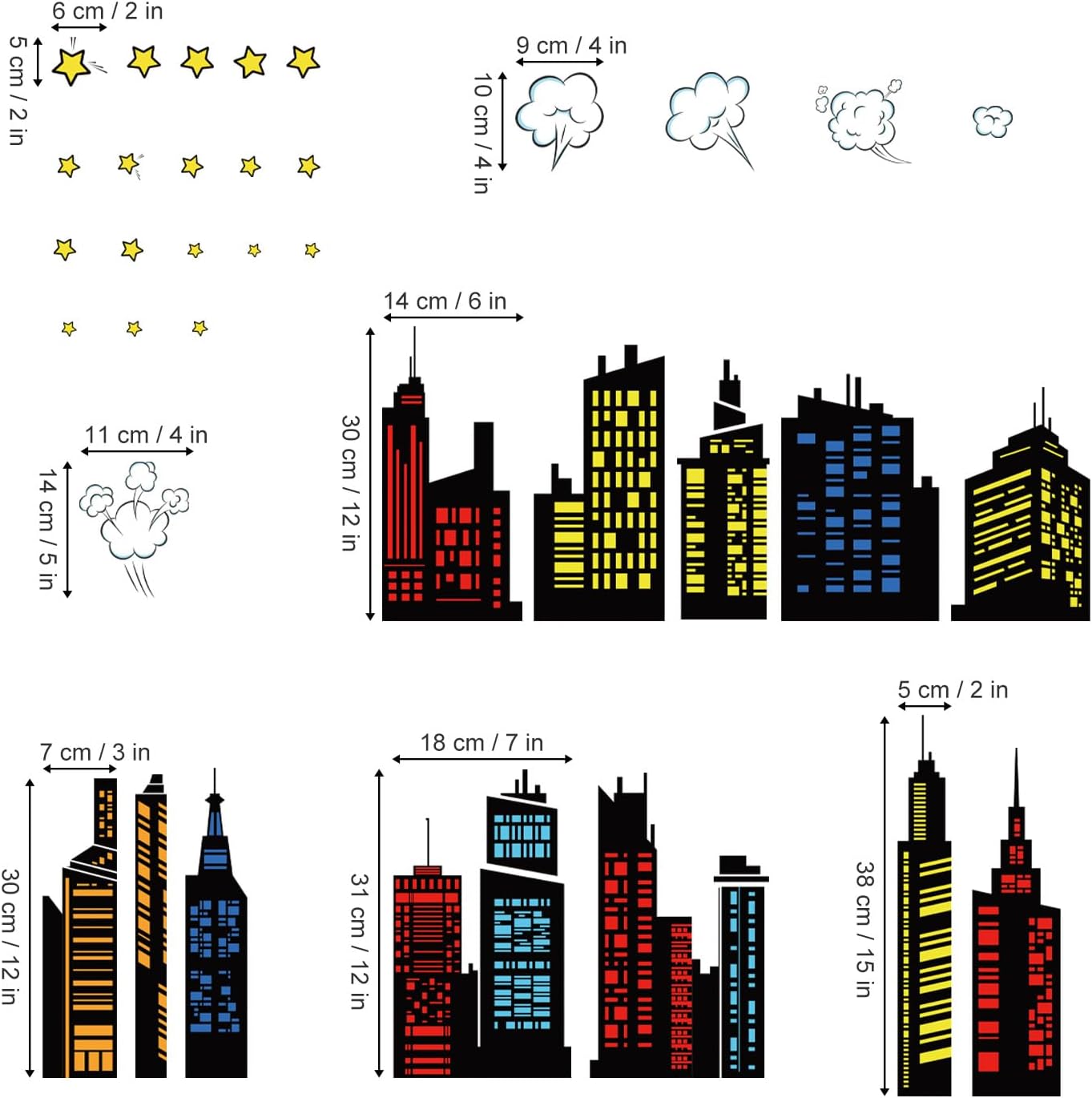 Colorful City Skyline Wall Decals Hero City Building Stars Wall Stickers Bedroom Playroom Toddler