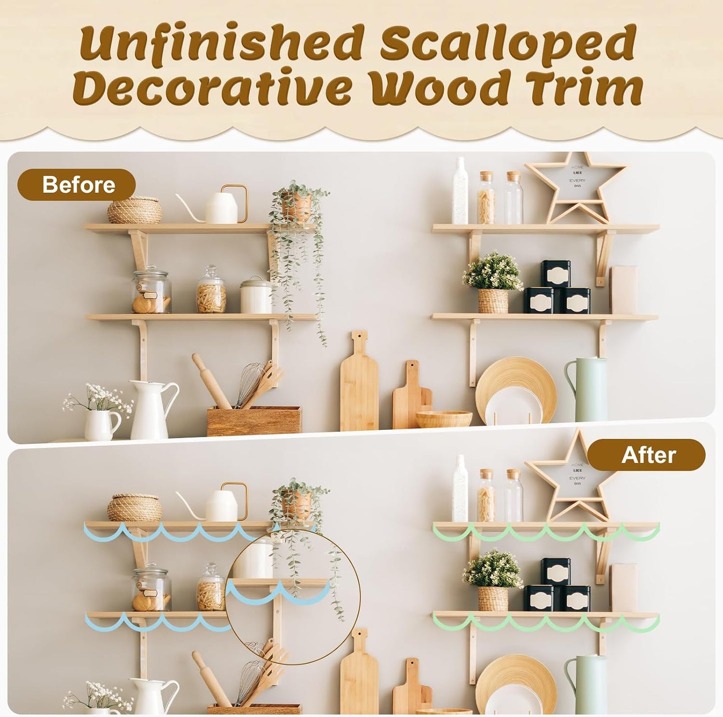 Unfinished Wave Wood Decorative Trim Edge Molding / 15.75 x 2.76 / Set of 12