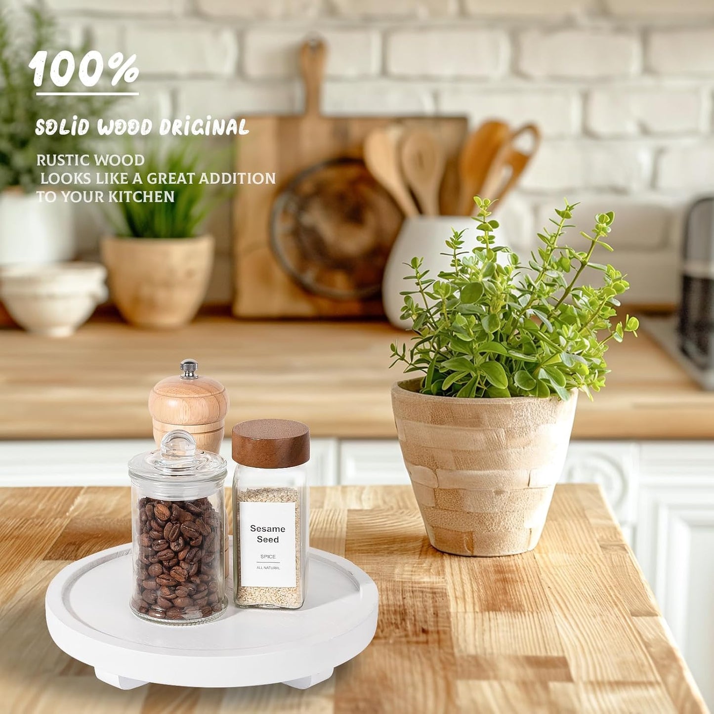 Round Decorative Tray Wood Bathroom Counter Organizer Farmhouse Kitchen Decor / White / Set of 8