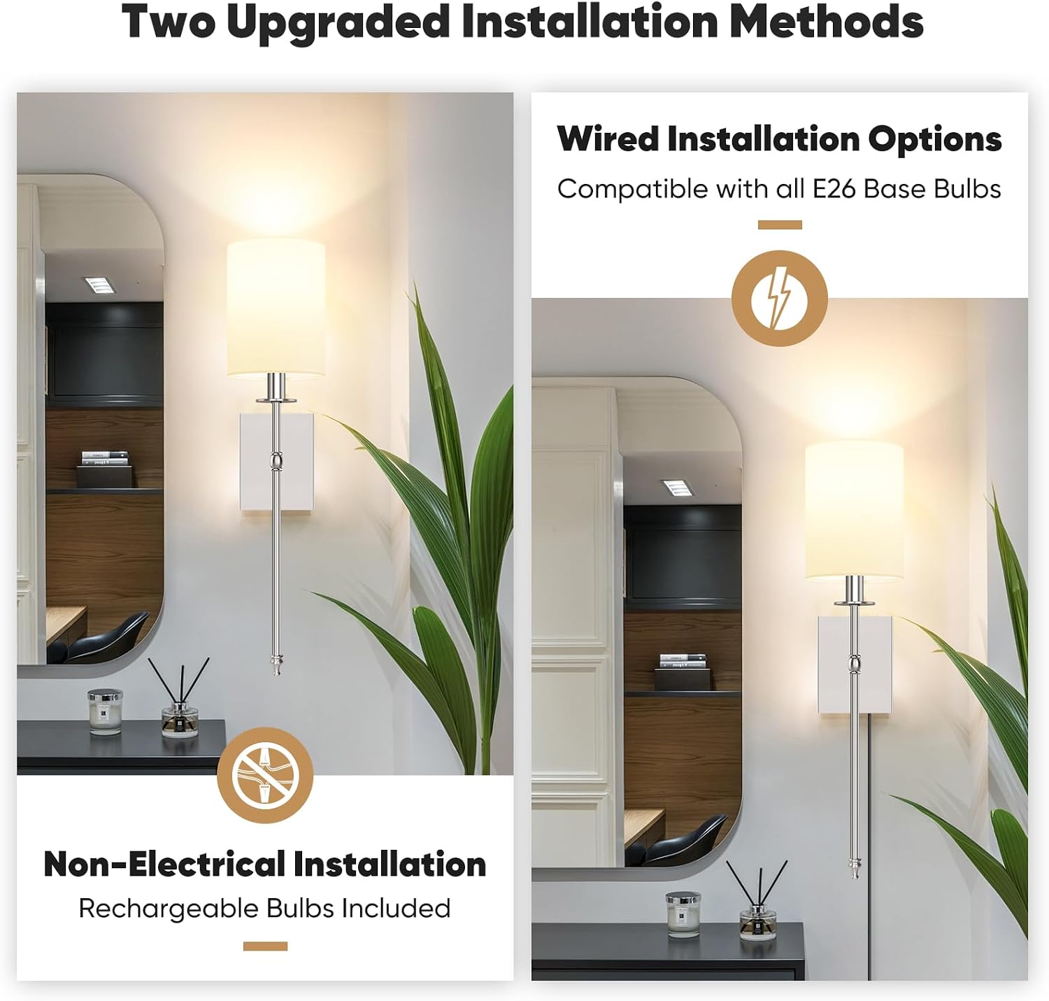 24 Inch Battery Operated Wall Sconces Set of 2 with Remote, Brushed Nickel Rechargeable Wireless Wall Lights with White