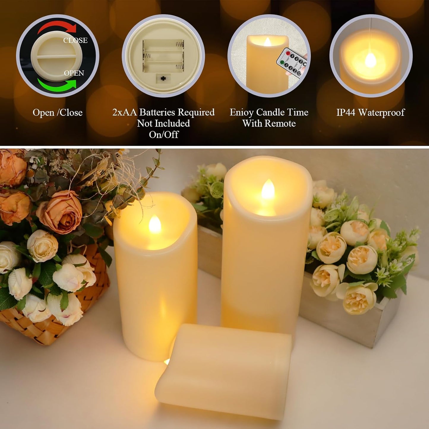 4" x 6" 8" 10" Waterproof Outdoor Flameless Candles with Remote, Flickering Battery Operated LED Pillar Candles for
