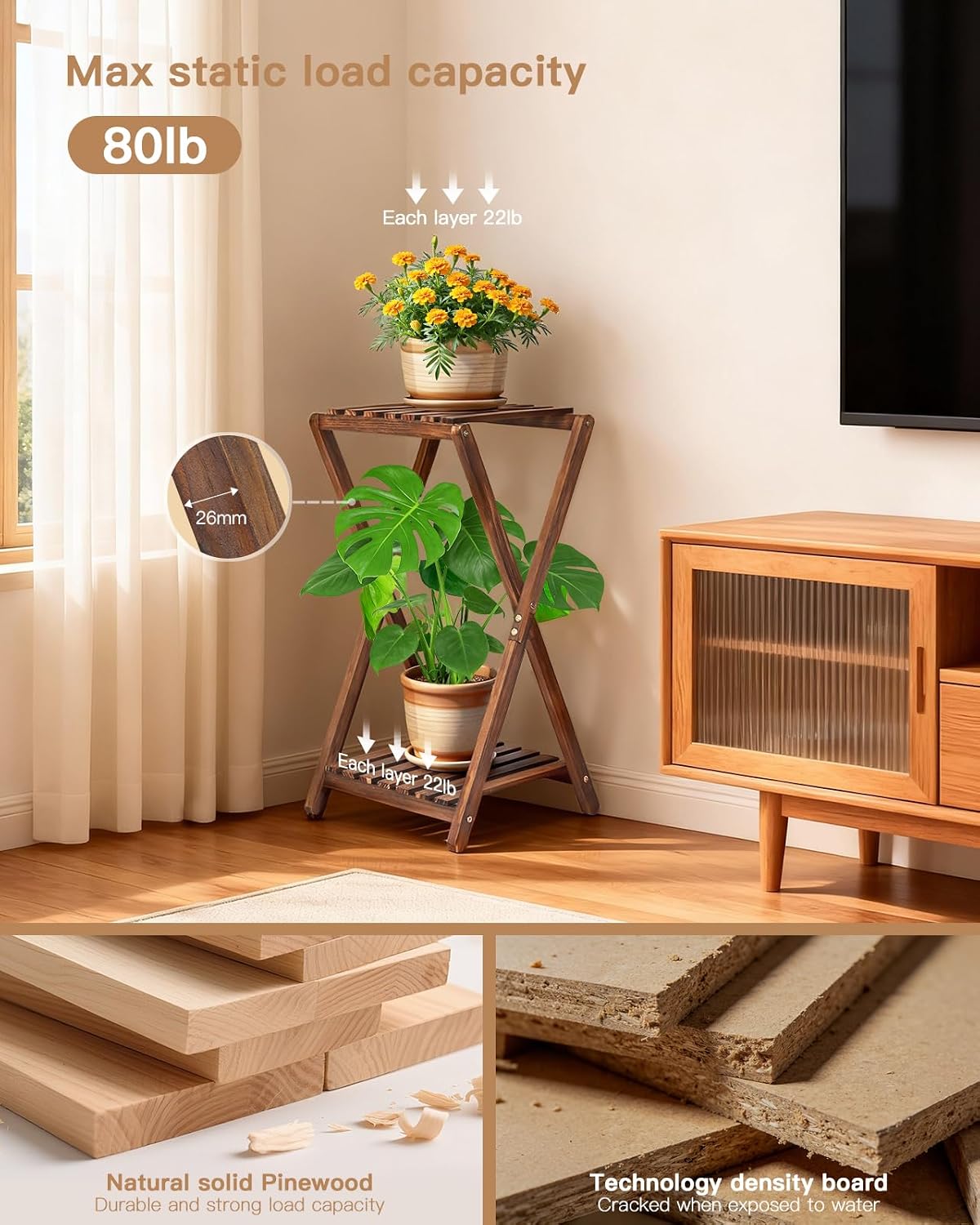 Wood Tiered Plant Stand Indoor,Corner Plant Shelf for Indoor Plants | Rustic Flower Pot Stand, Tall Single Plant Holder