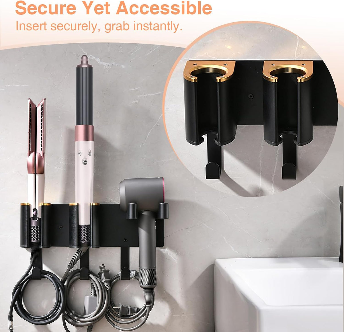 Hair Tool Organizer Wall Mount, Hair Dryer Curling iron Organizer | Hair Tools Holder with Cord Hooks, Straightener