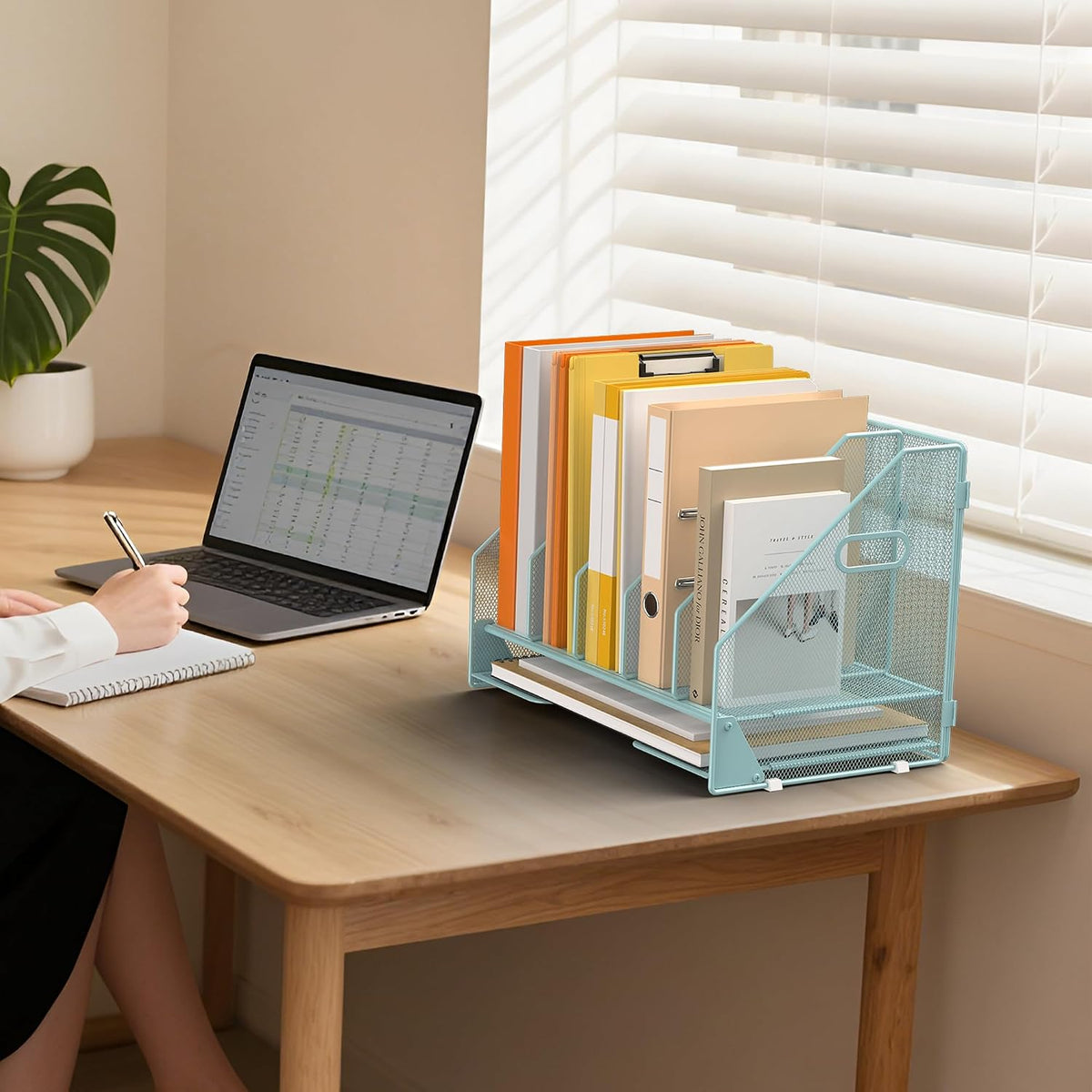 5 Vertical Mesh Desk Organizer with Paper Letter Tray, Blue | Sorting racks with lower letter tray section.