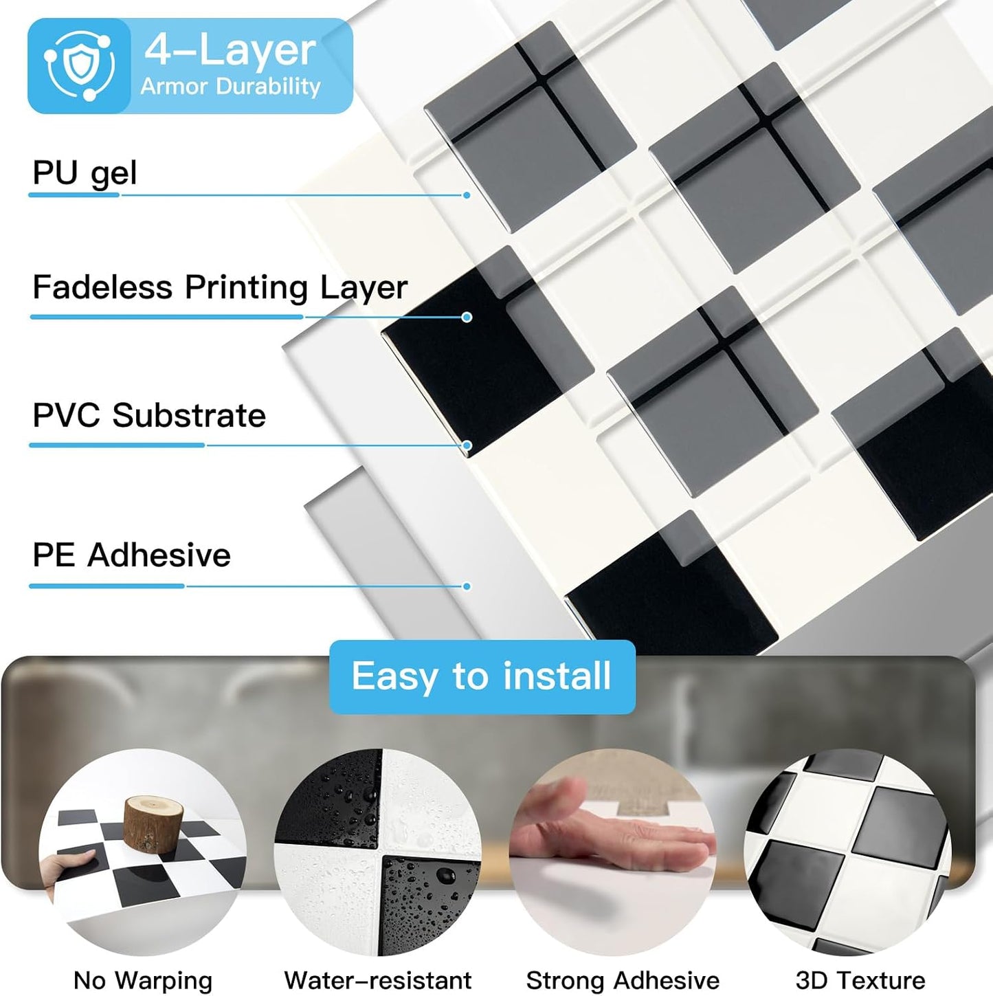 Self-Adhesive Wall Tile Stick on Kitchen Countertop / 12 x 12 / Black/white / Set of 10
