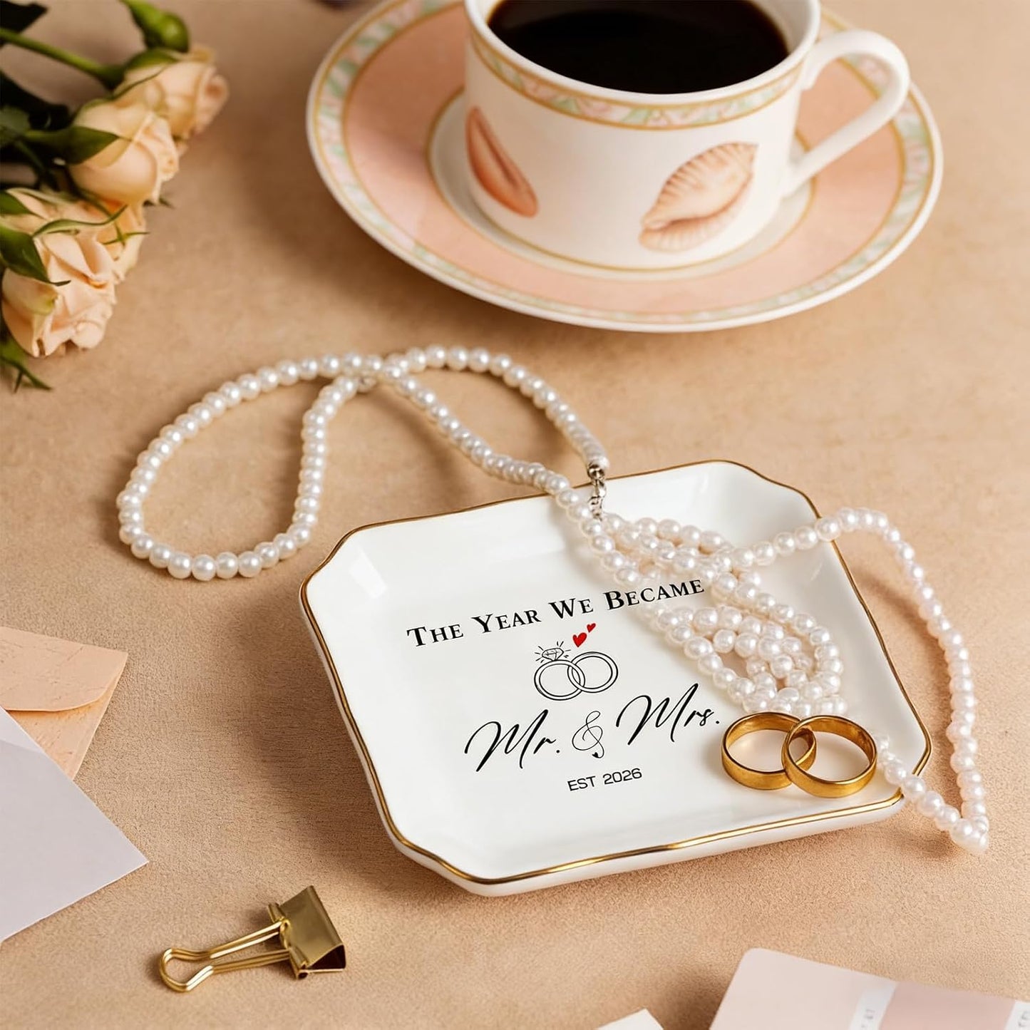 Elegant Ceramic Ring Holder for Engagement / The Year We Became Mr & Mrs 2026 -YX