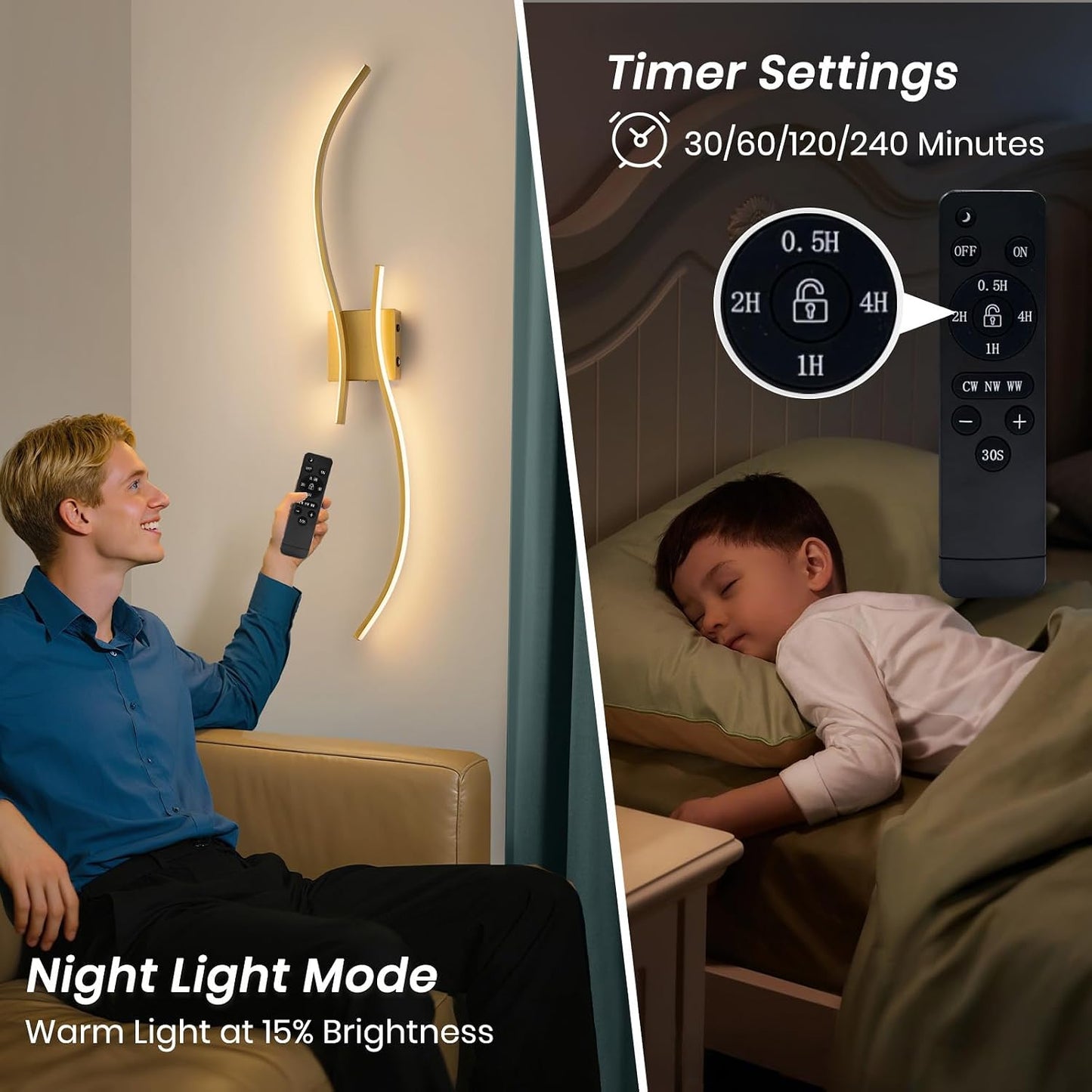 CANEOE Battery Operated Wall Sconce Set of 2, 18000mAh Gold Rechargeable Wall Lights with Remote Control,3000K-6000K