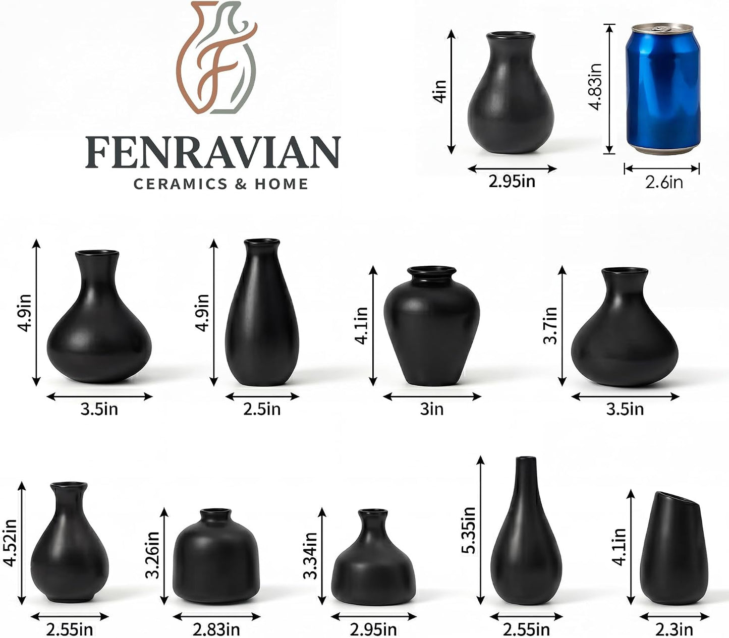 Black Ceramic Bud Vase / Black - 10-piece Set / Set of 10