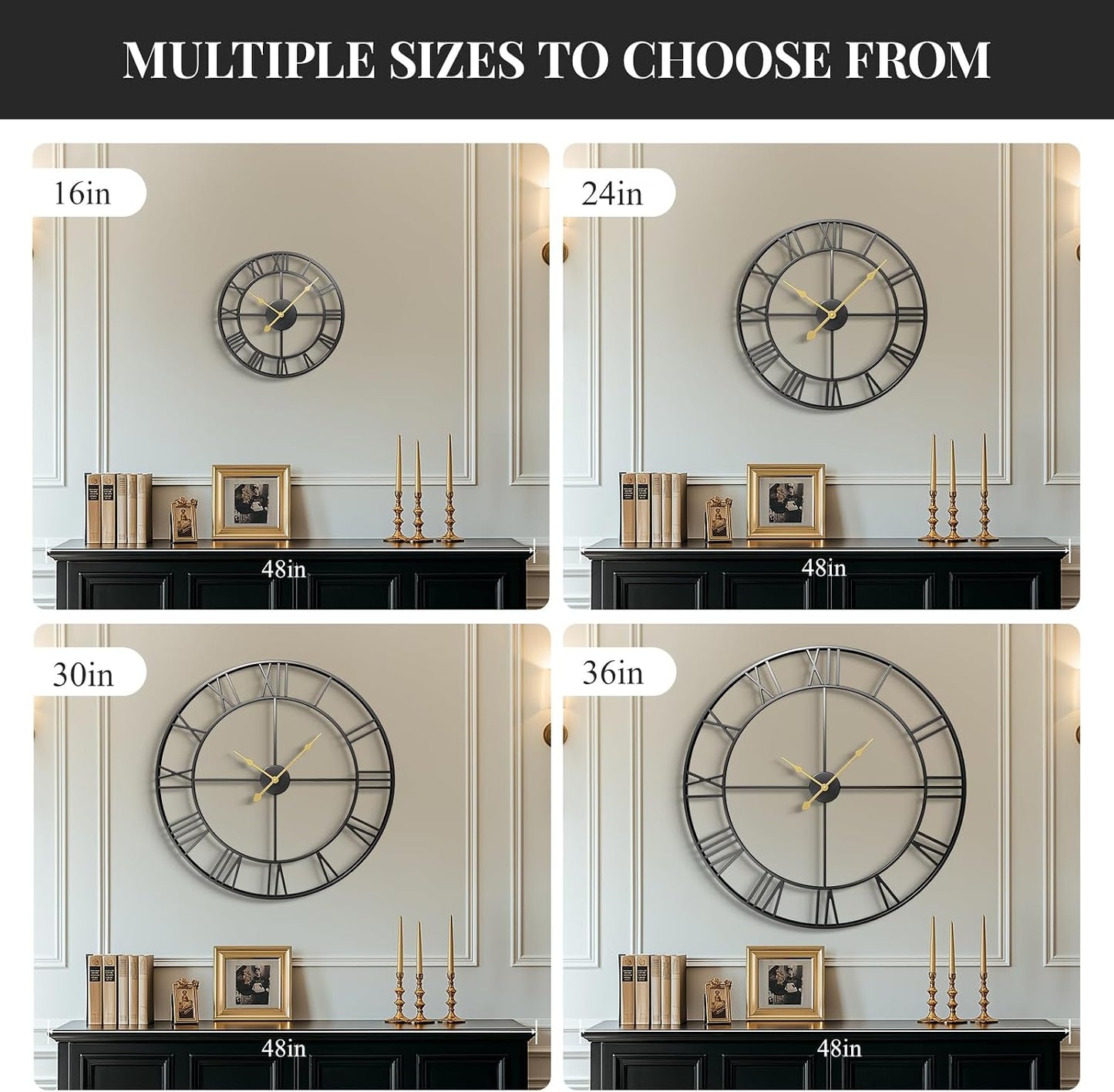 Cuspin 36 Inch Large Wall Clock for Living Room Decor, Black Roman Numeral | Modern metal round,battery operated,silent
