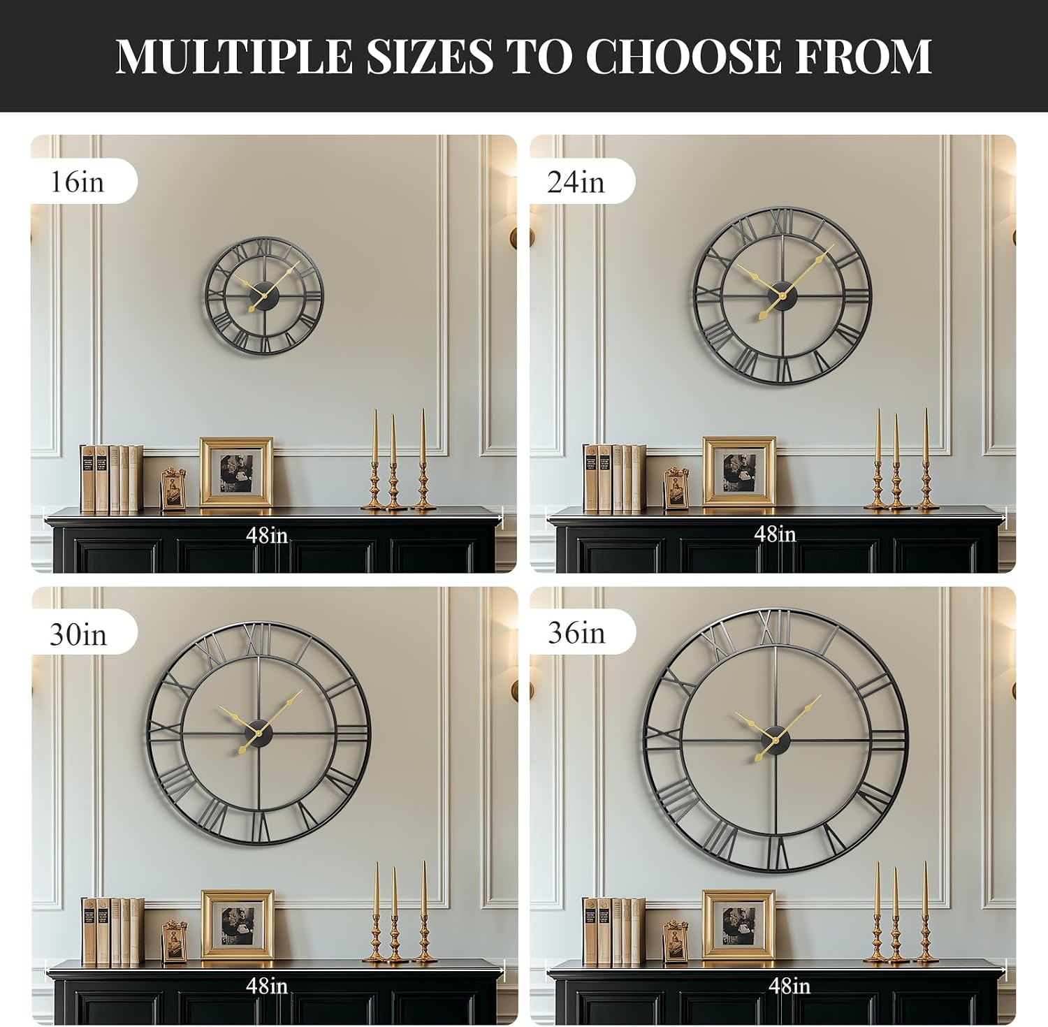 Cuspin 36 Inch Large Wall Clock for Living Room Decor, Black Roman Numeral | Modern metal round,battery operated,silent