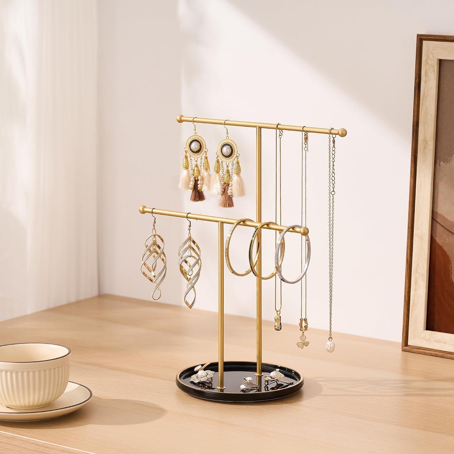 Ceramic Tray / Gold Jewelry Holder Stand / Black Tray Gold Bar