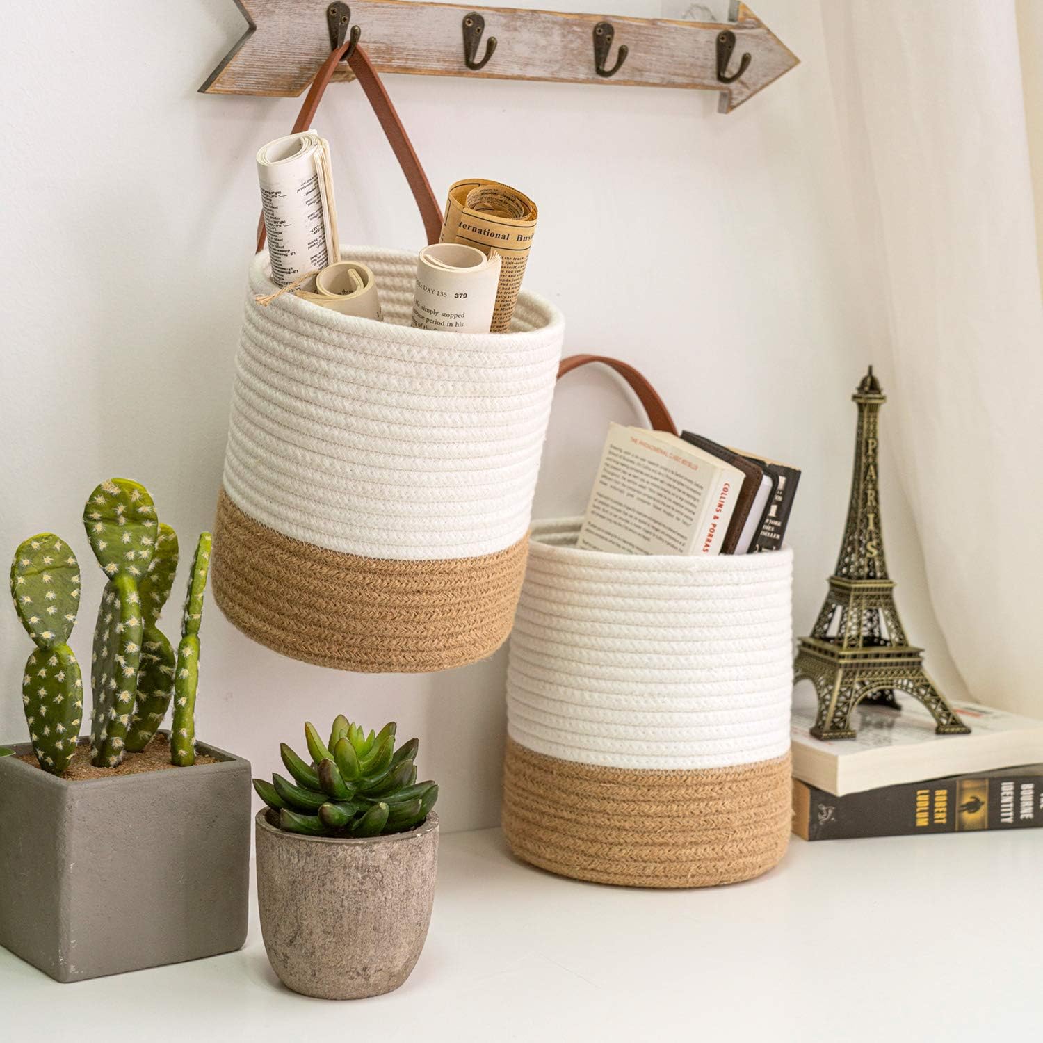 Woven Basket Key Storage / Jute & White / Set of 2