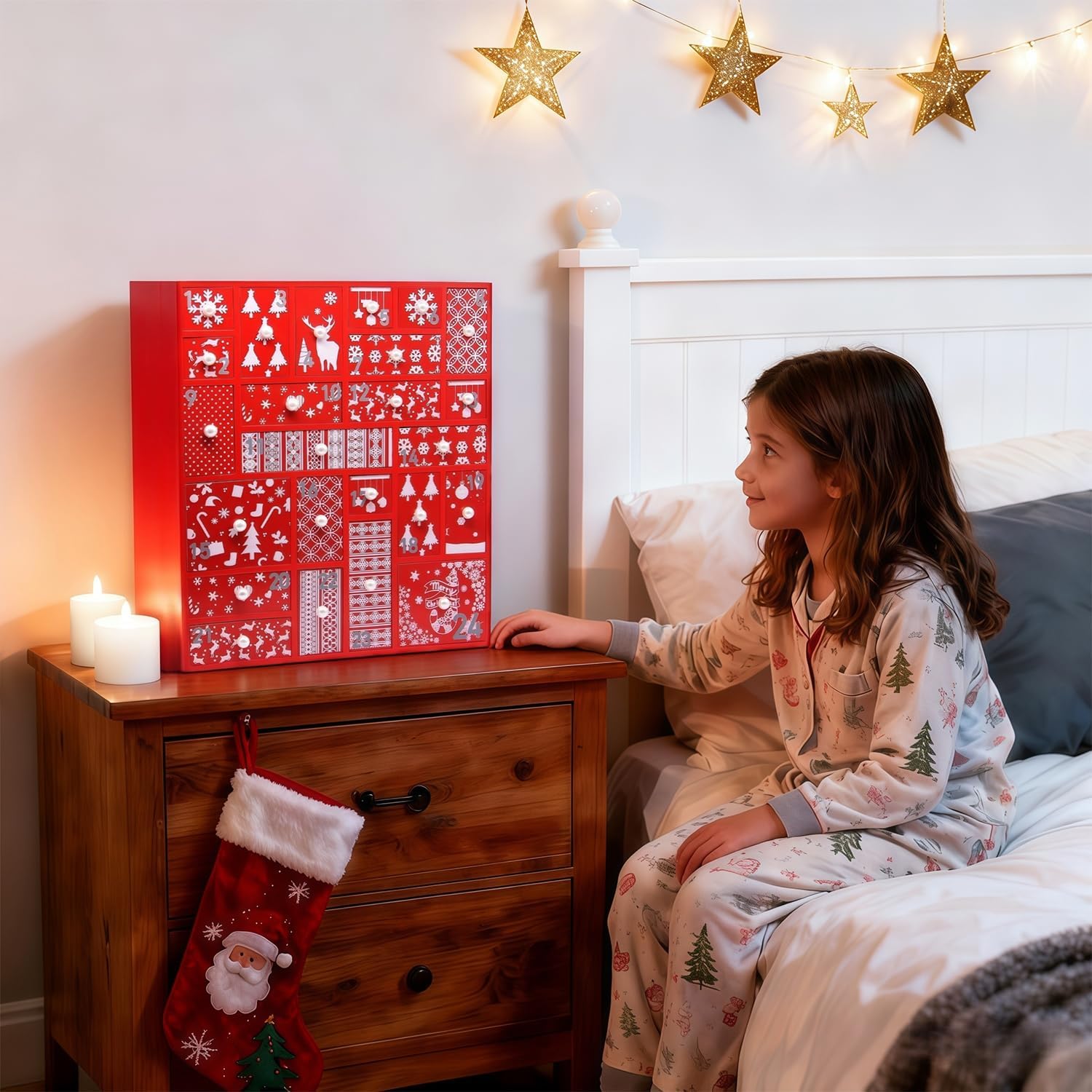 Juegoal Red Advent Calendar with 24 Drawers Countdown to Christmas, Refillable Wooden Advent, 15 Inches Tall
