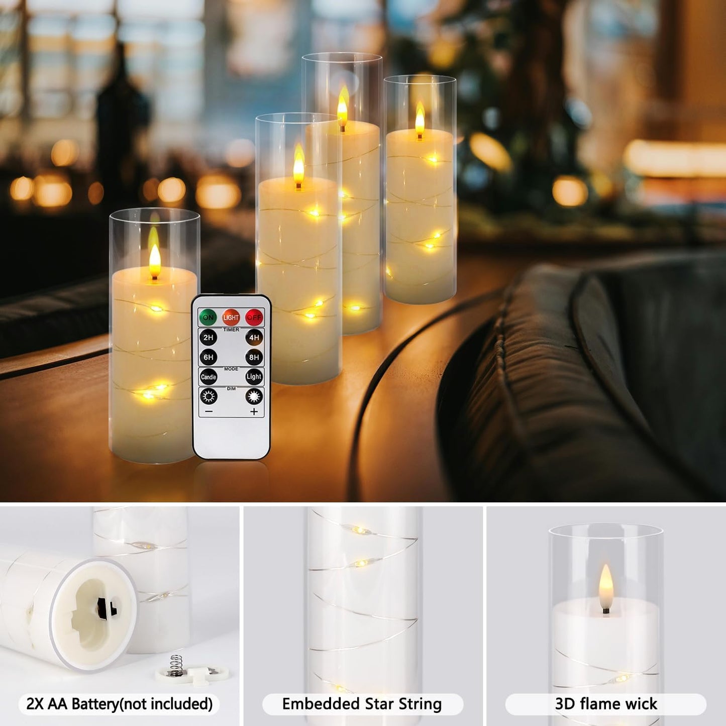 12 Pack Acrylic Flameless Candles,with Embedded Star String, Battery Operated Candles Flickering LED Pillar Candles