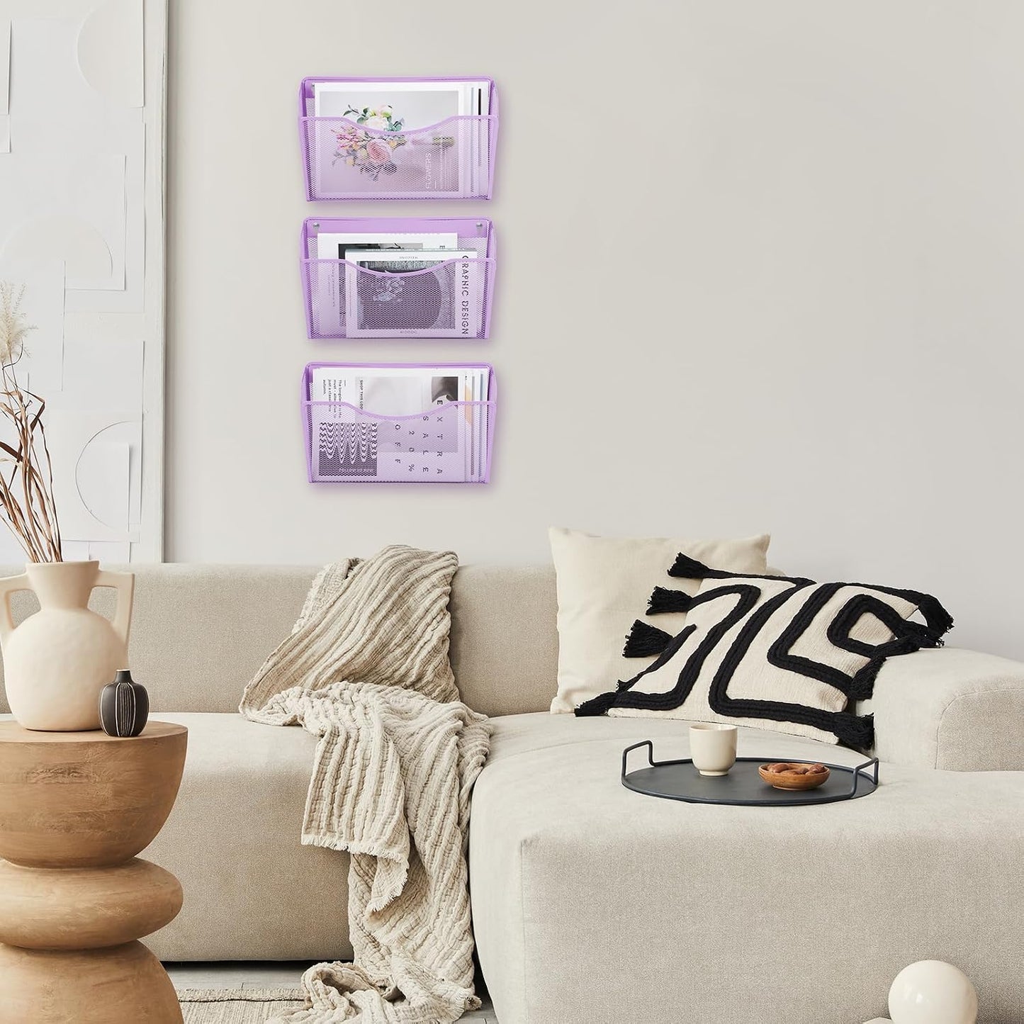 3 Single Pocket Mesh Hanging File Organizer, Vertical Wall Mounted Magazine File Holder, Mount Basket Mail Paper