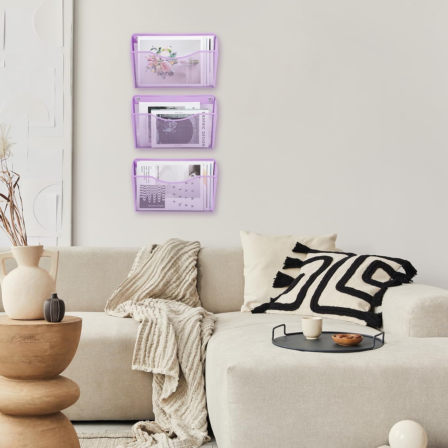 3 Single Pocket Mesh Hanging File Organizer, Vertical Wall Mounted Magazine File Holder, Mount Basket Mail Paper