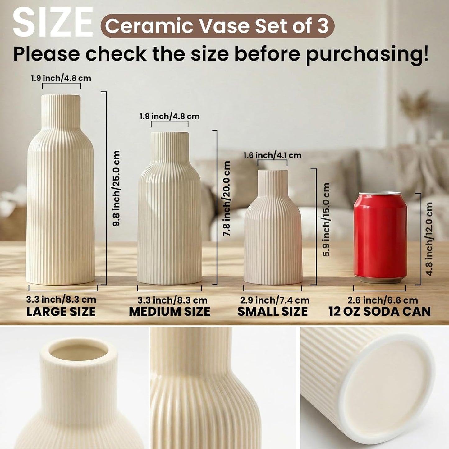 Ceramic Flower Vases / 3-piece-set / Beige / Set of 3