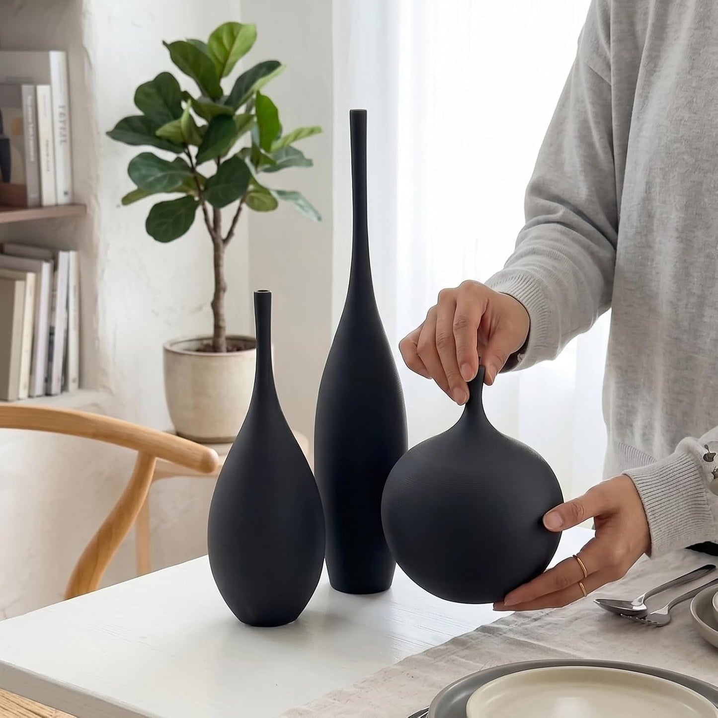 Ceramic Vases / Modern Boho Vases for Centerpiece Decor / Black / Set of 3
