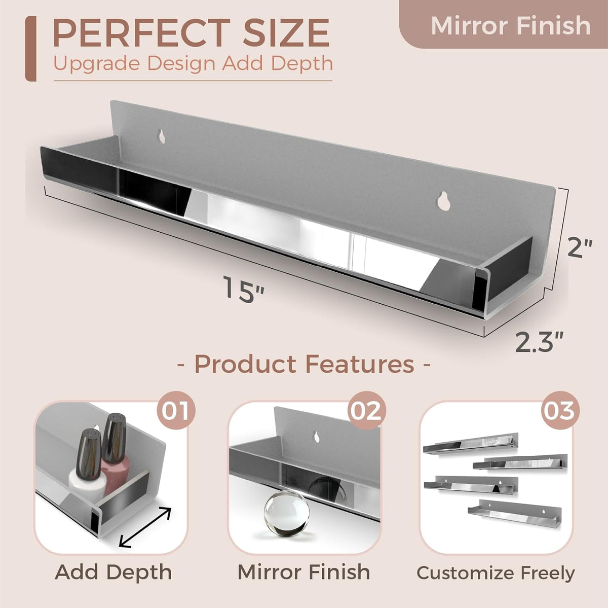 4 Pack 15 Inch Black Reflective Acrylic Floating Wall Shelves | Modern Display Shelf for Sunglasses, Oils, Pictures &