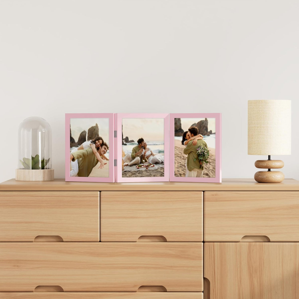 decorUhome Pink Triple 8x10 Picture Frame Vertical, MDPK08 | "Z" Shape Folding Design Engineered Wood Trifold Photo
