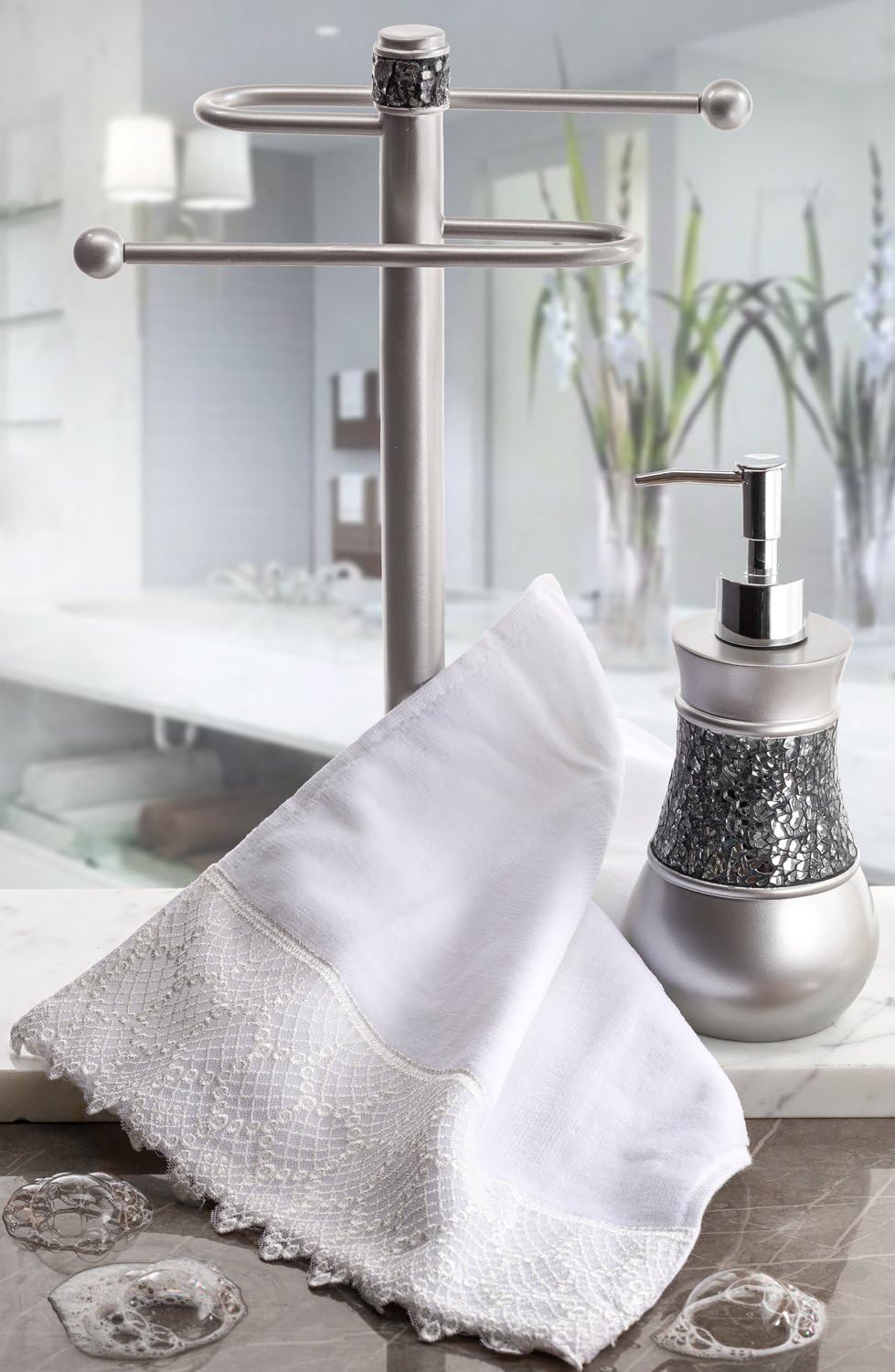 Crackled Glass Silver Free Standing Countertop Fingertip Towel Holder Stand | Unibody Resin Towel Rack For Bathroom or